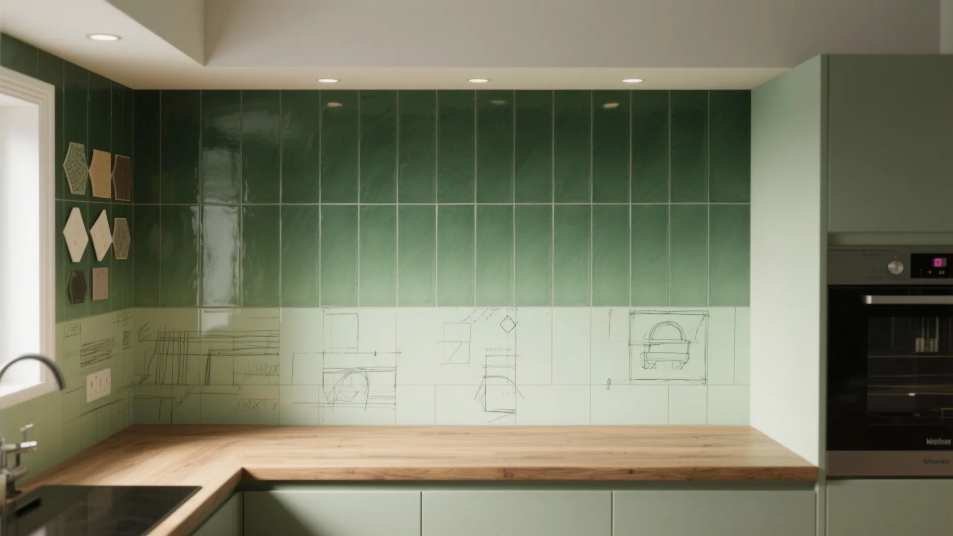Modern kitchen with green wall tiles wood counter top light green cabinets and built in oven