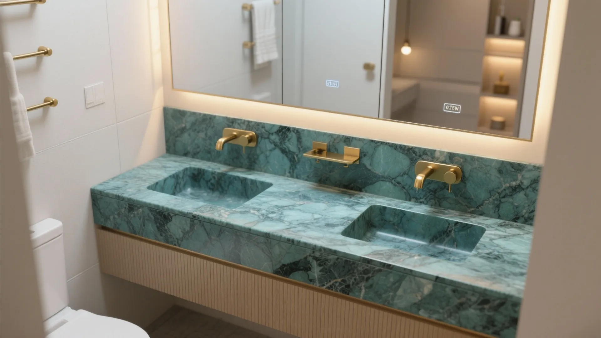 Double sink bathroom vanity made of green marble with gold faucets and a large mirror
