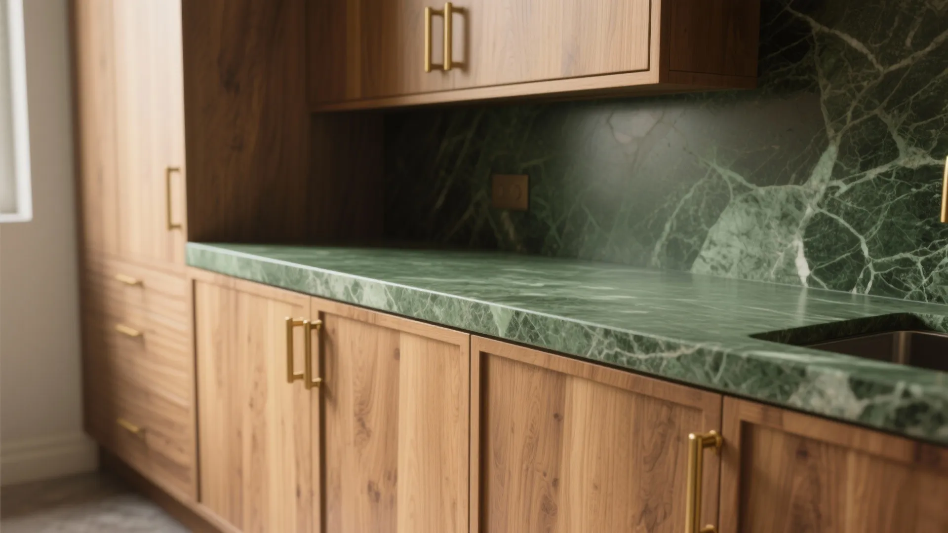 1. Pair green granite with warm wood cabinetry