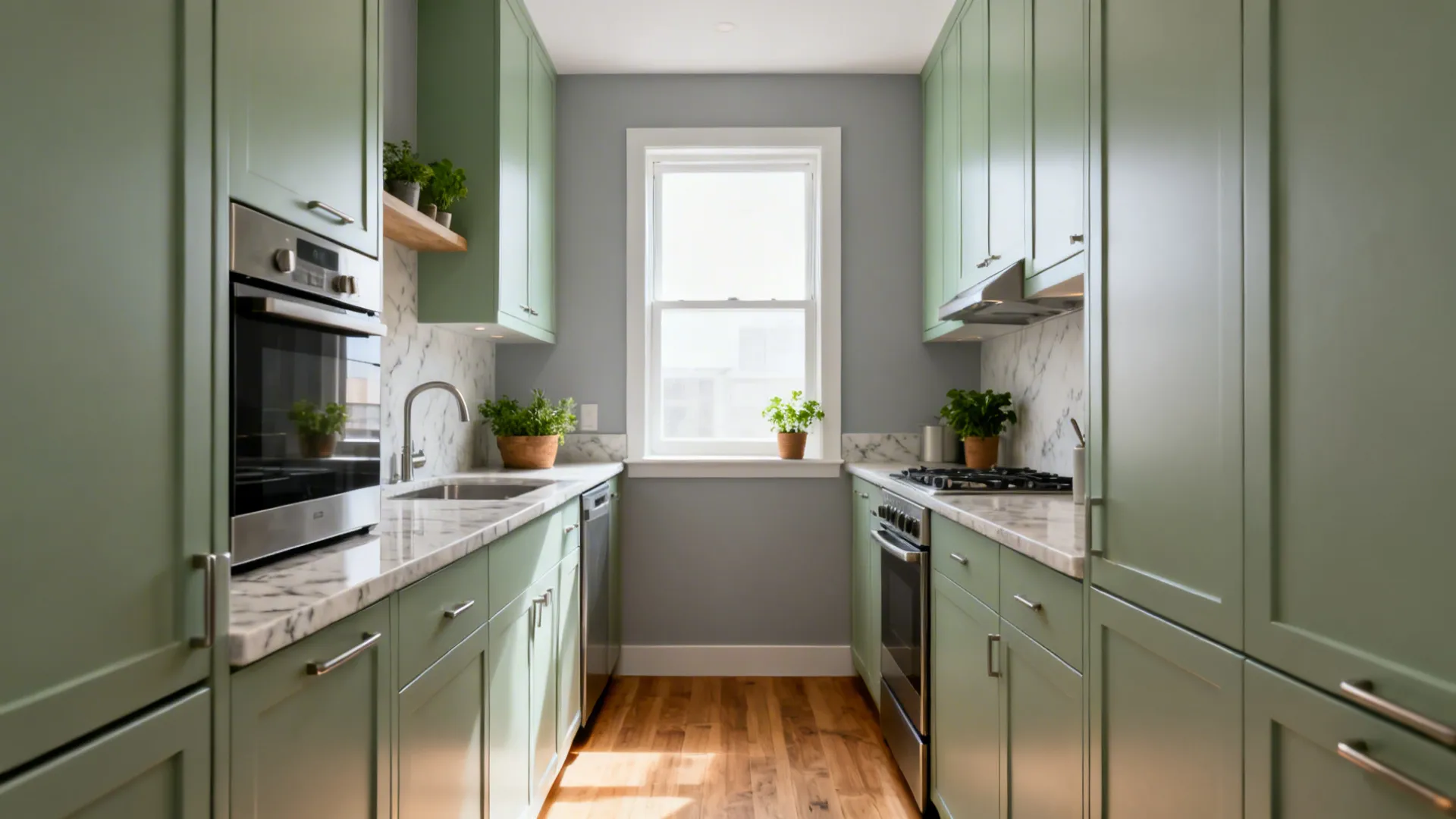 Small galley kitchen with light green cabinets marble countertops wooden floor and a white window
