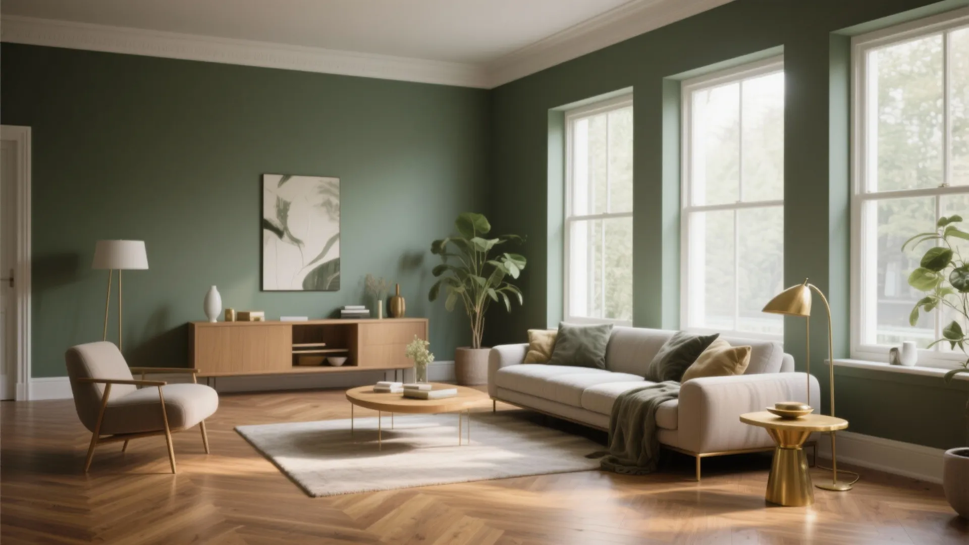 Modern living room with green walls wooden floor grey sofa gold floor lamp and windows