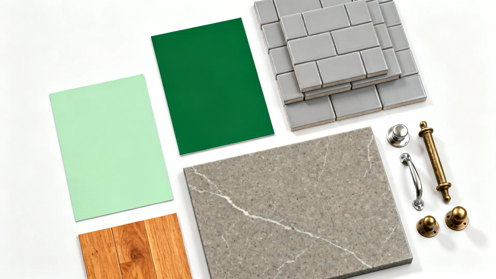 Green color swatches, grey wall tiles, wood floor samples, marble slab, and various metal handles