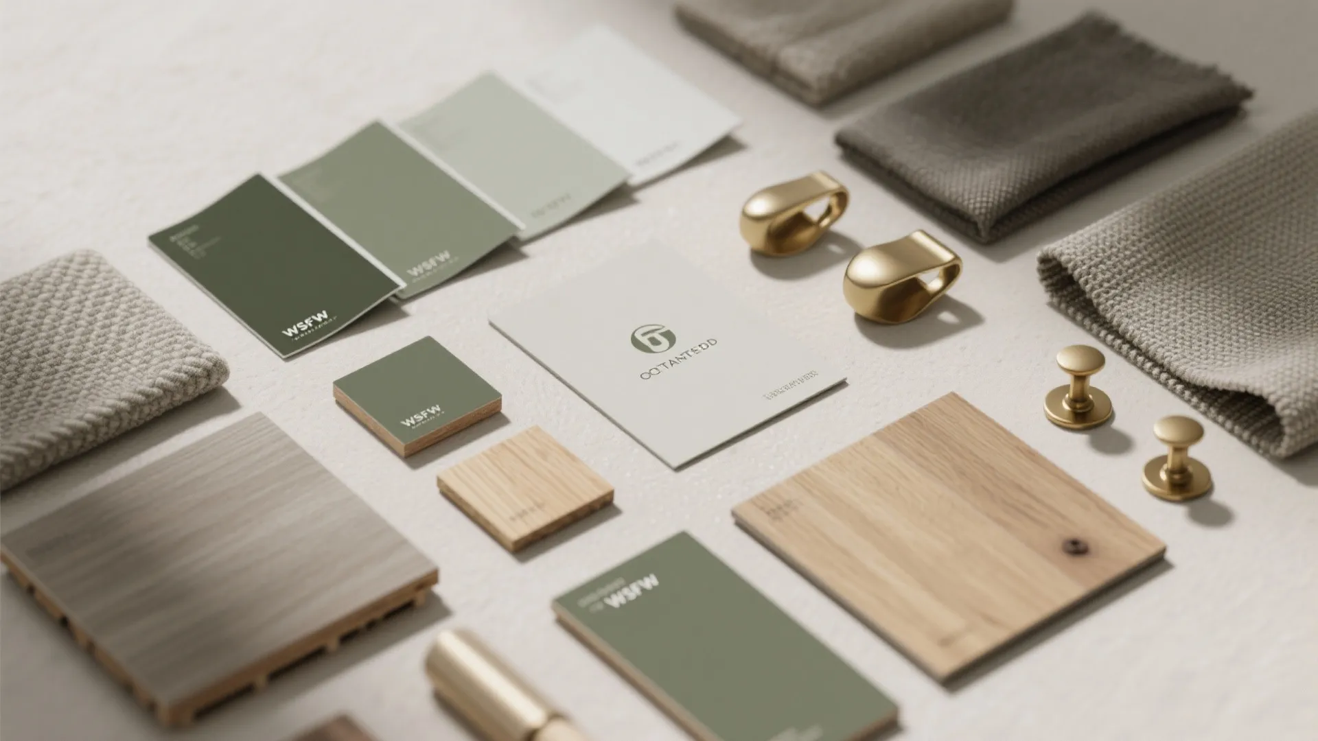 Interior design color palette including green paint swatches fabric samples wood pieces and gold hardware