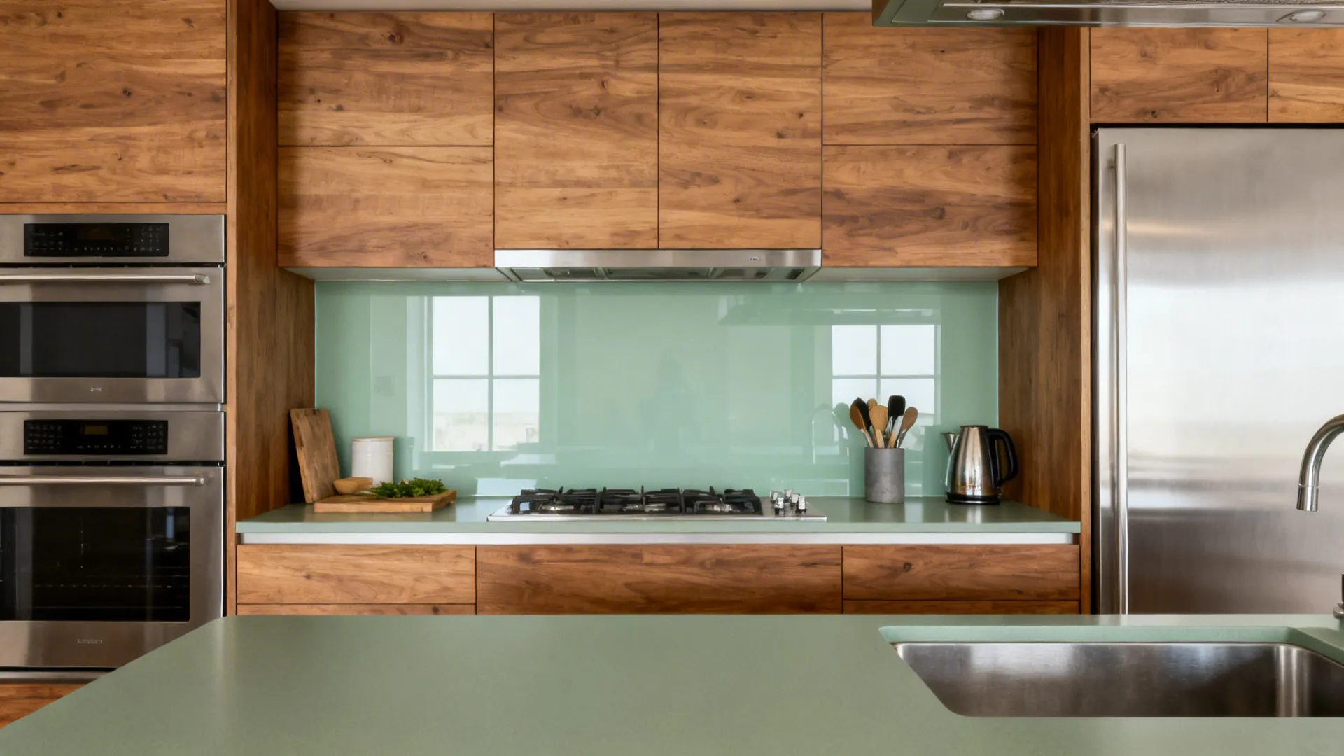 Compact kitchen with muted green-grey satin countertop, wood cabinets, and glass backsplash.