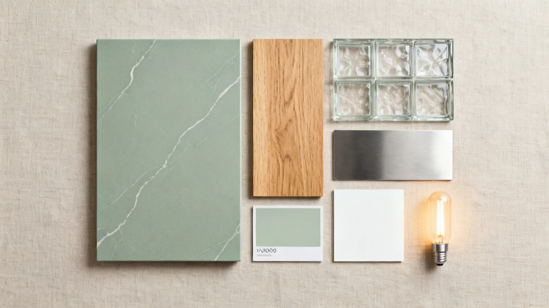 Top-down palette with soft green-grey counter sample, oak, stainless, and glass.