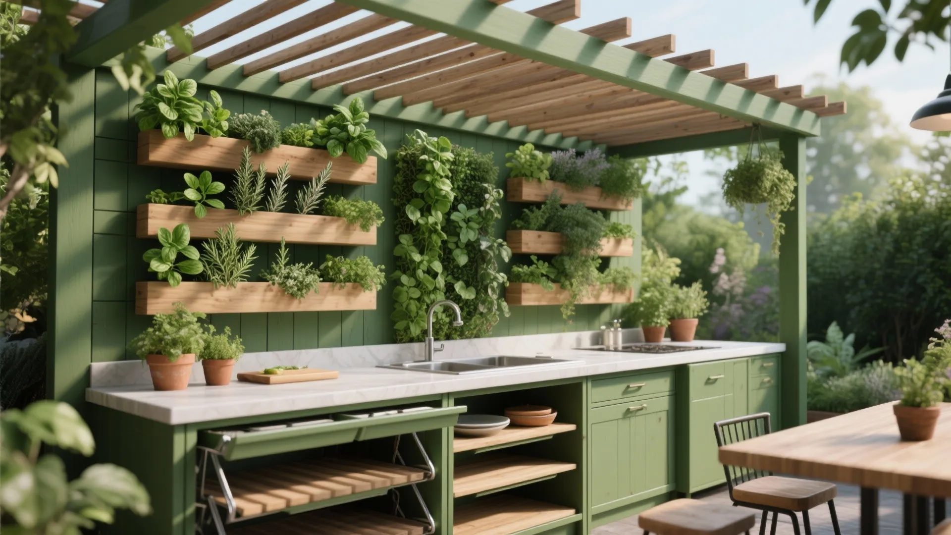 Idea 3: Green Pergola with Vertical Herb Wall and Seating