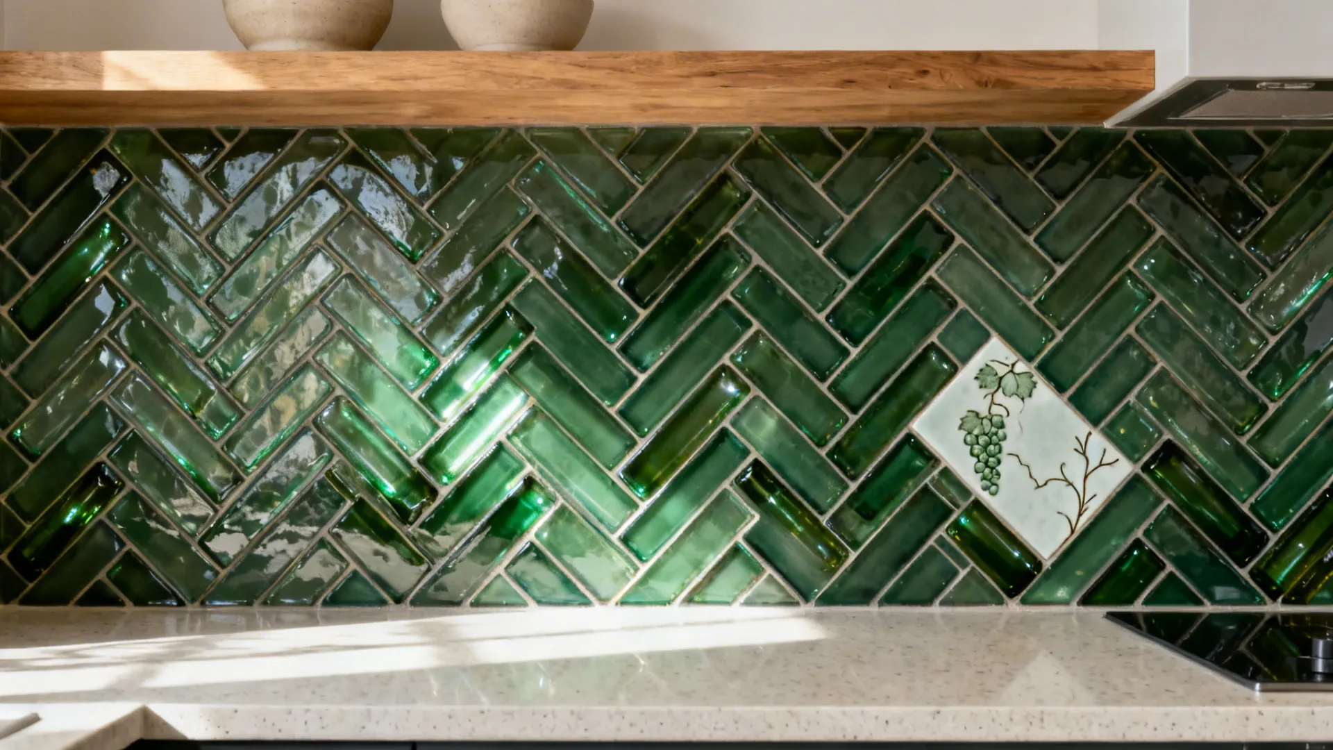 Forest-green herringbone backsplash with bottle-glass sheen in soft daylight.