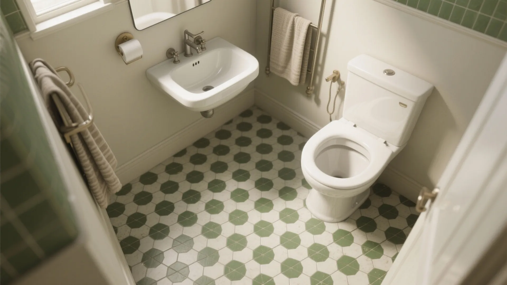 Small bathroom layout with white toilet wall hung sink and green patterned hexagonal floor tile design
