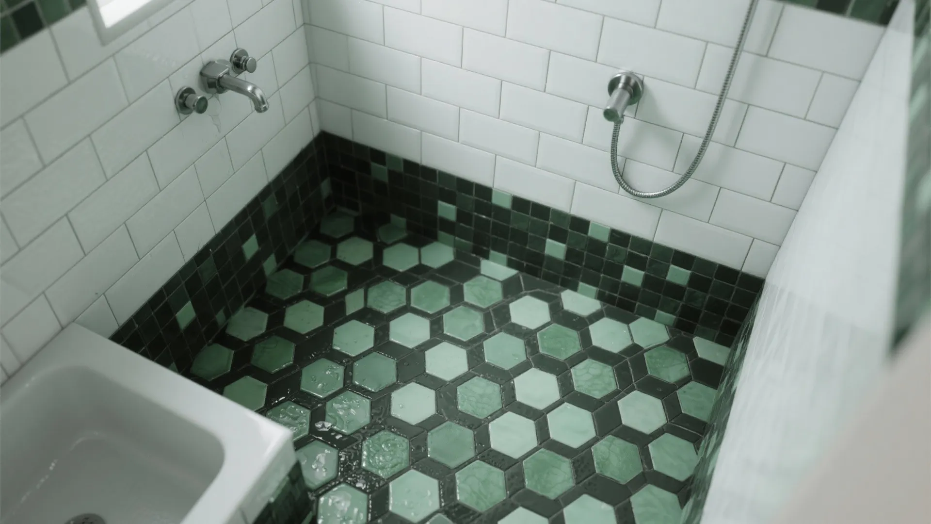 Bathroom shower area featuring green hexagon floor tiles, white wall bricks, and silver metal fixtures