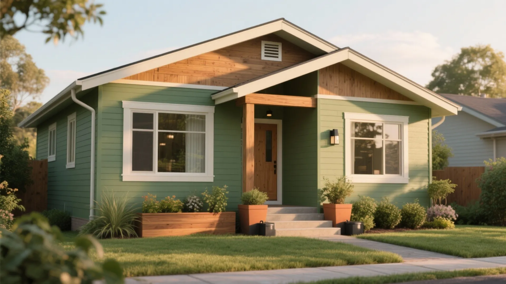 Small green house with wood panels under roof and plants in pots on front porch
