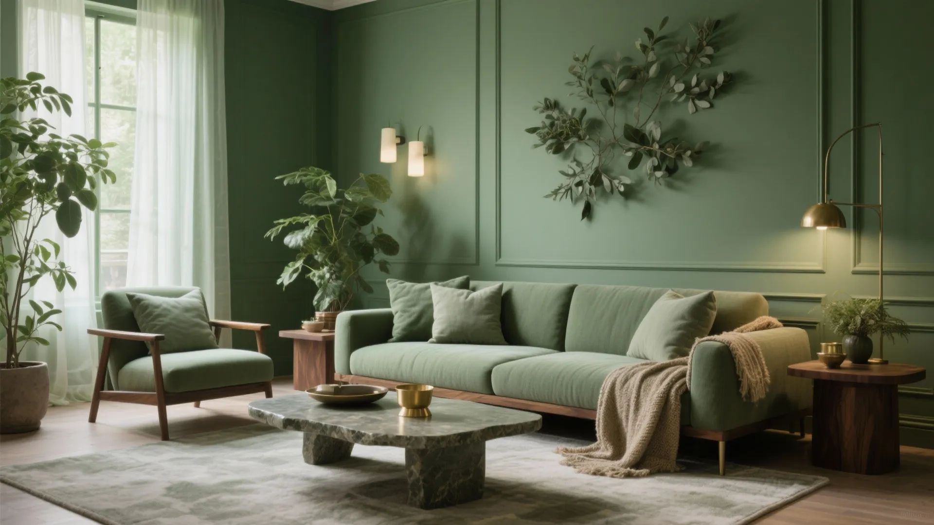 Modern green living room with comfortable sofa arm chair coffee table wall panel and indoor plants