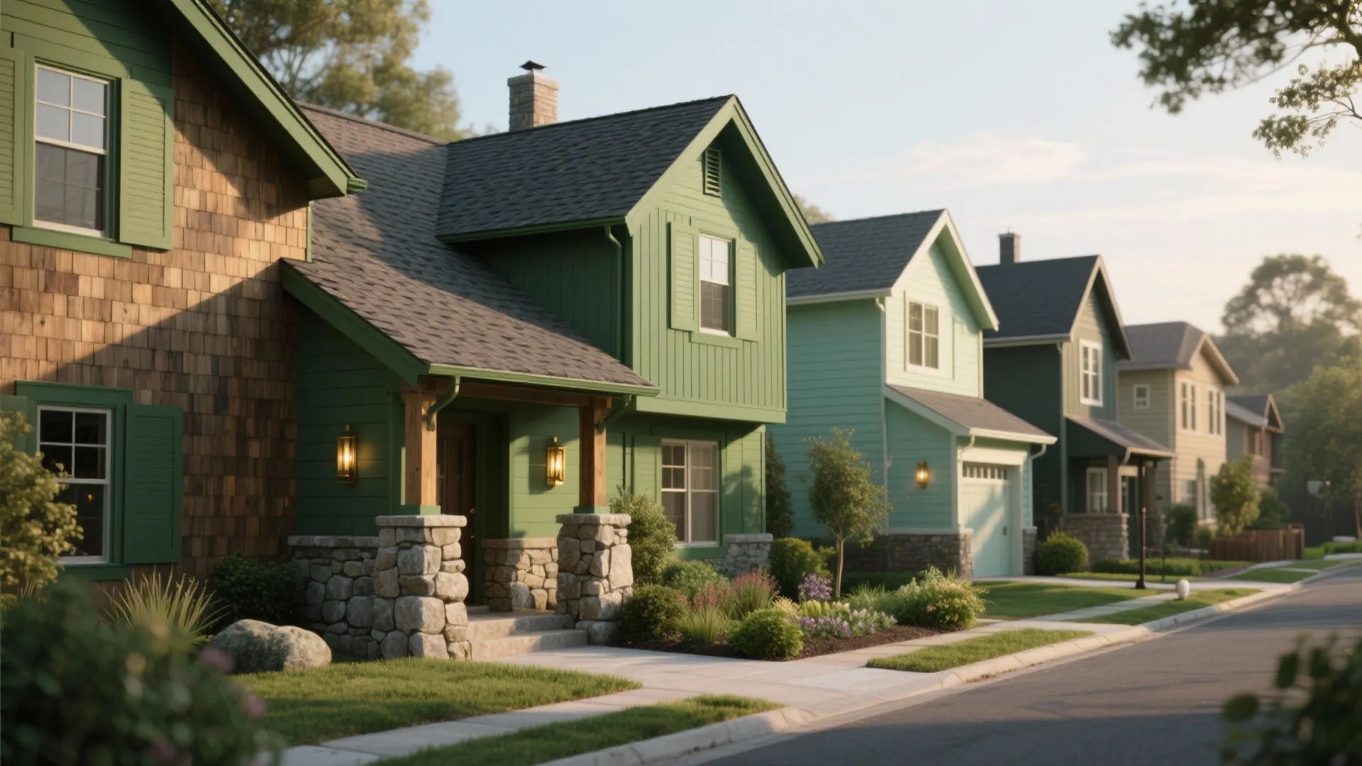 Row of suburban houses with green siding and dark roofs along a quiet paved street