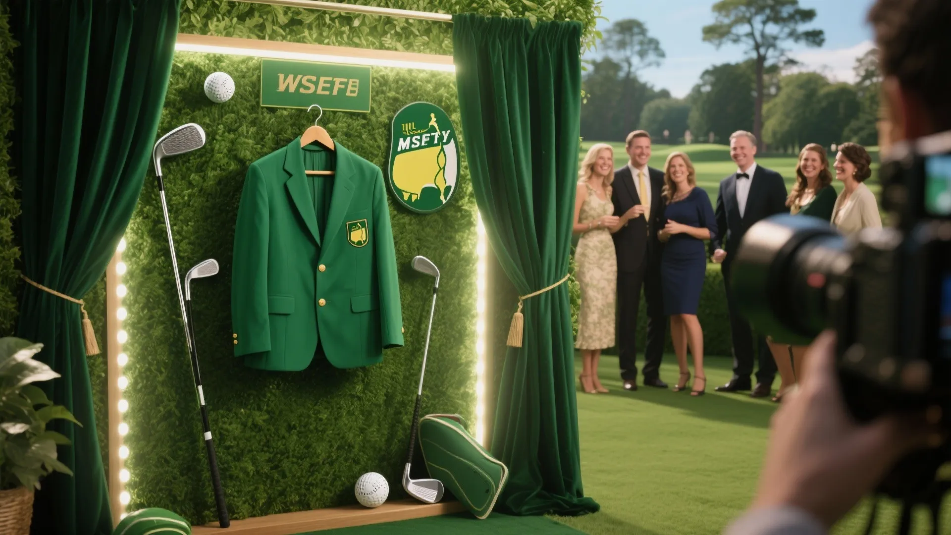 Masters-themed photo corner with green jacket and golf props