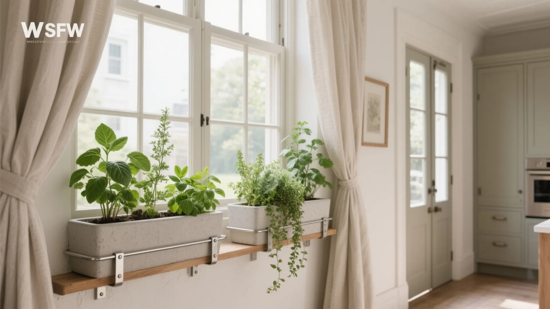Bright indoor scene with green plants in pots on a shelf under large white windows