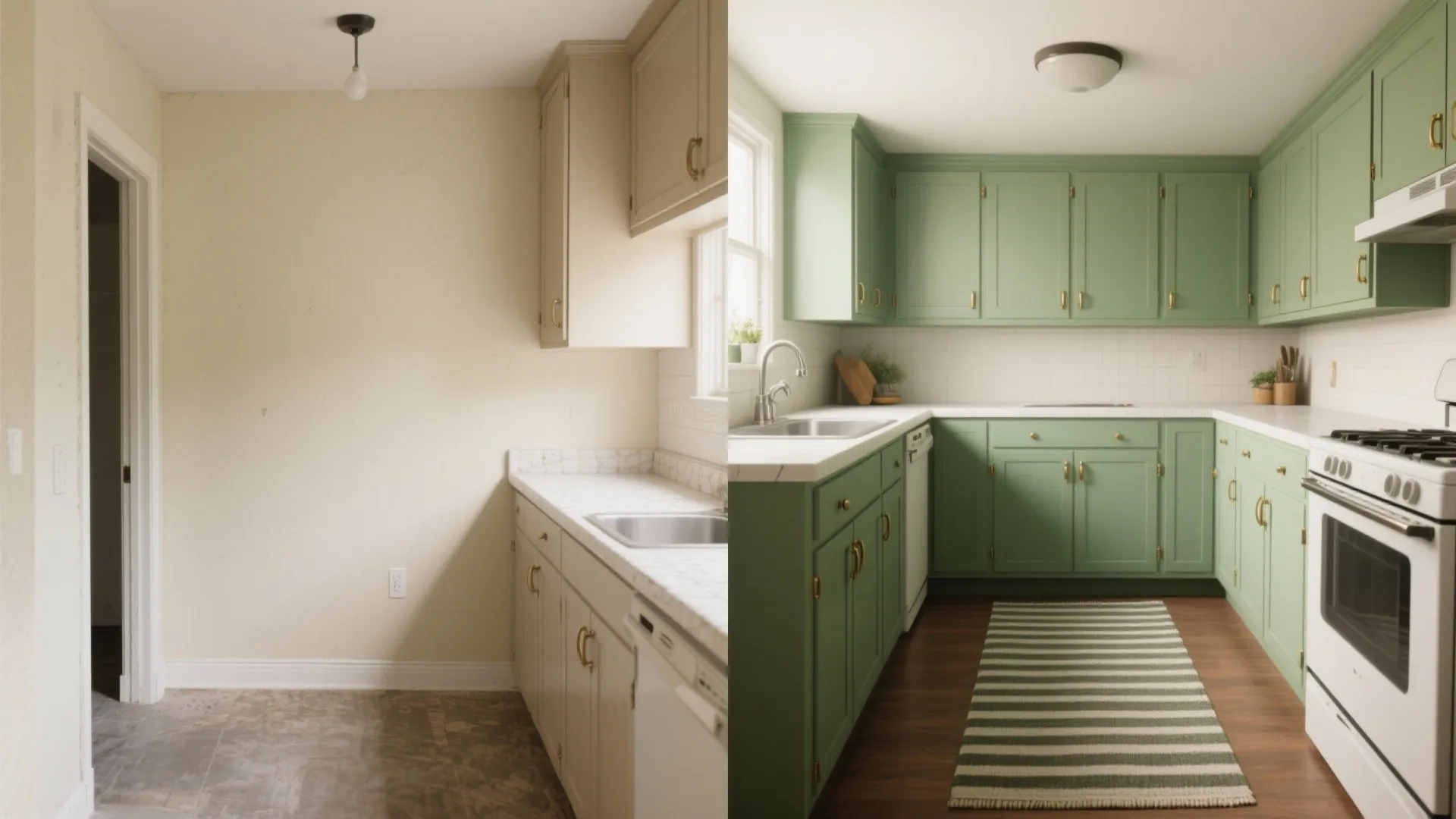 Before and after comparison of a dated beige kitchen versus a modern green cabinet kitchen remodel