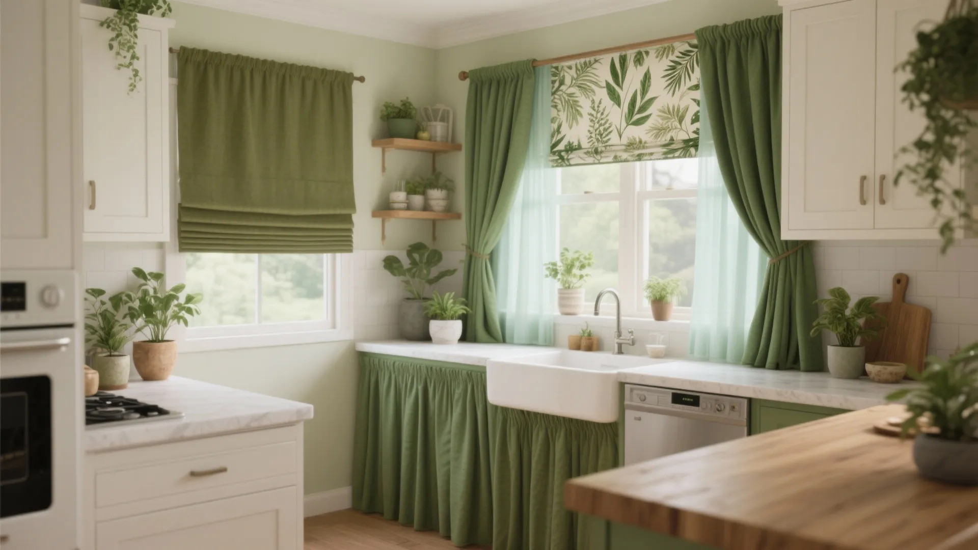 Green kitchen interior with white cabinets wooden shelves farmhouse sink green curtains and many potted plants