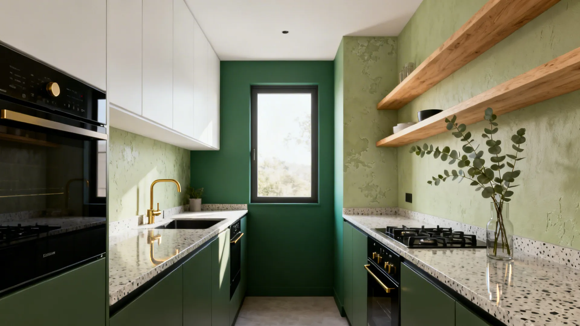 Modern green kitchen with white counters wooden wall shelves black appliances and small central window view