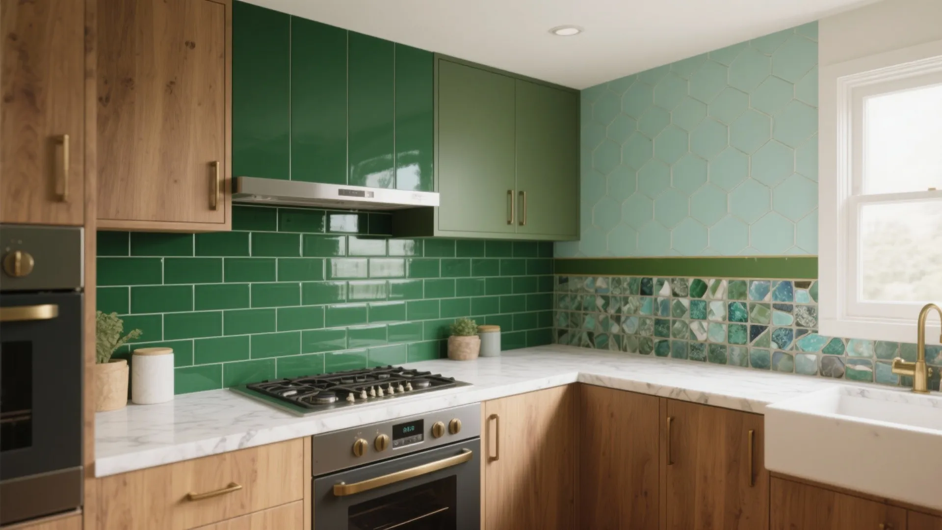 L-shaped kitchen with green wall tiles wood cabinets white counter top and a large white sink