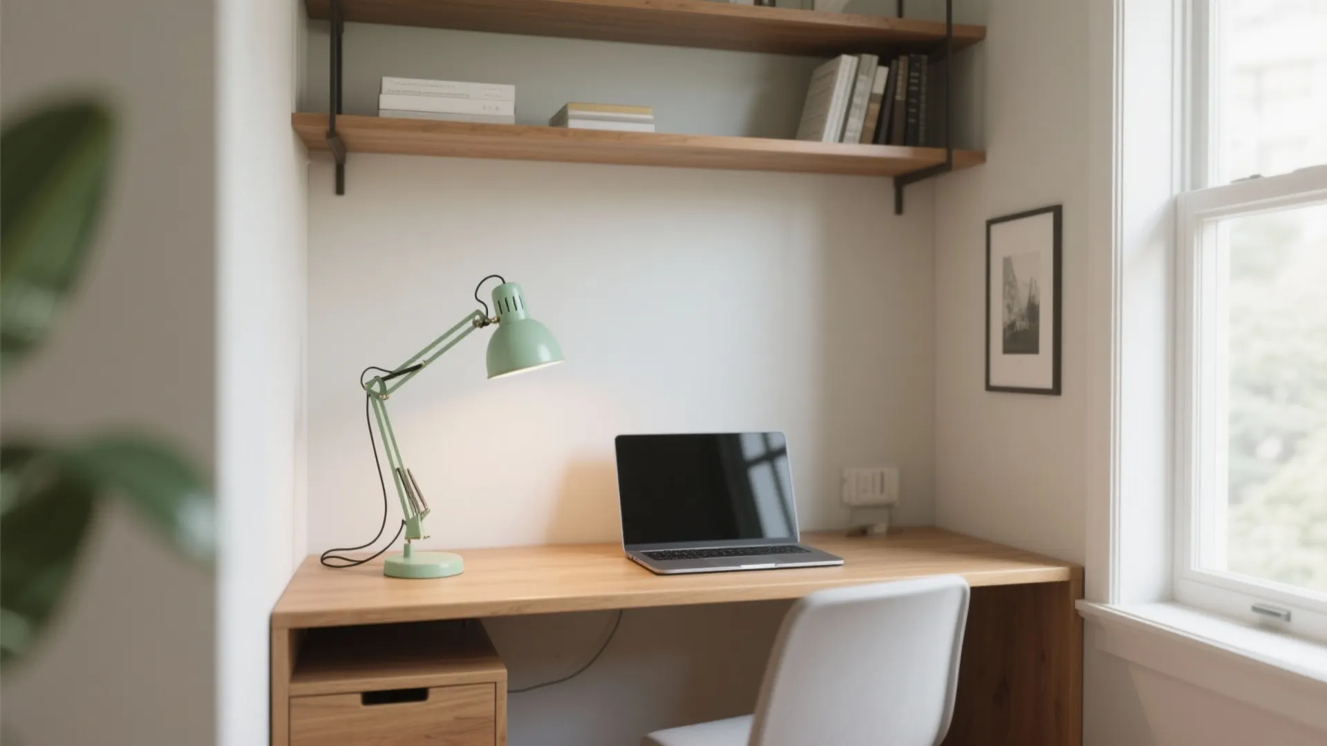 Small home office with a light green table lamp on a slim desk and an open shelf above.