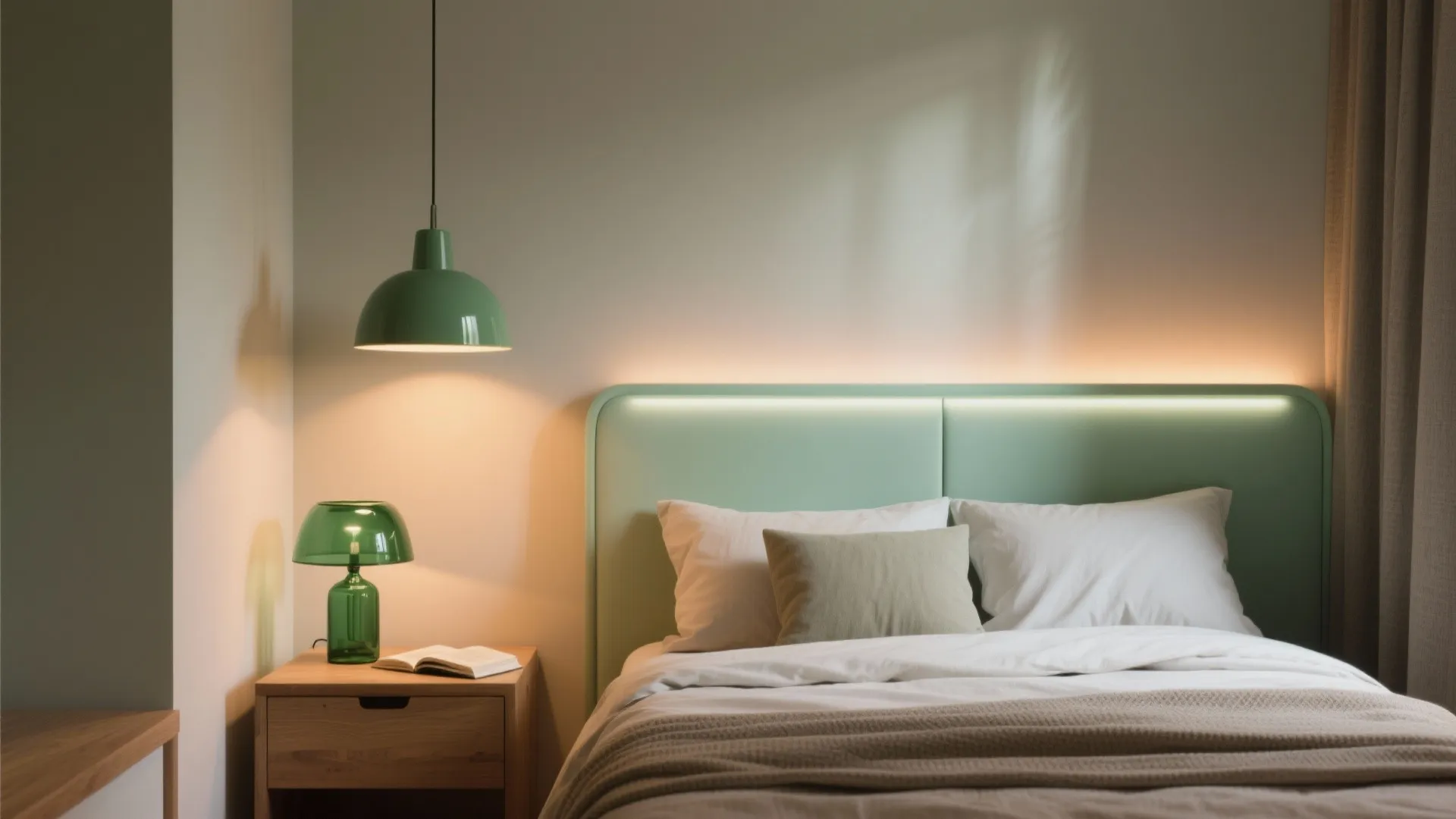Green headboard bedroom with ceiling light glass table lamp on wooden nightstand and open book