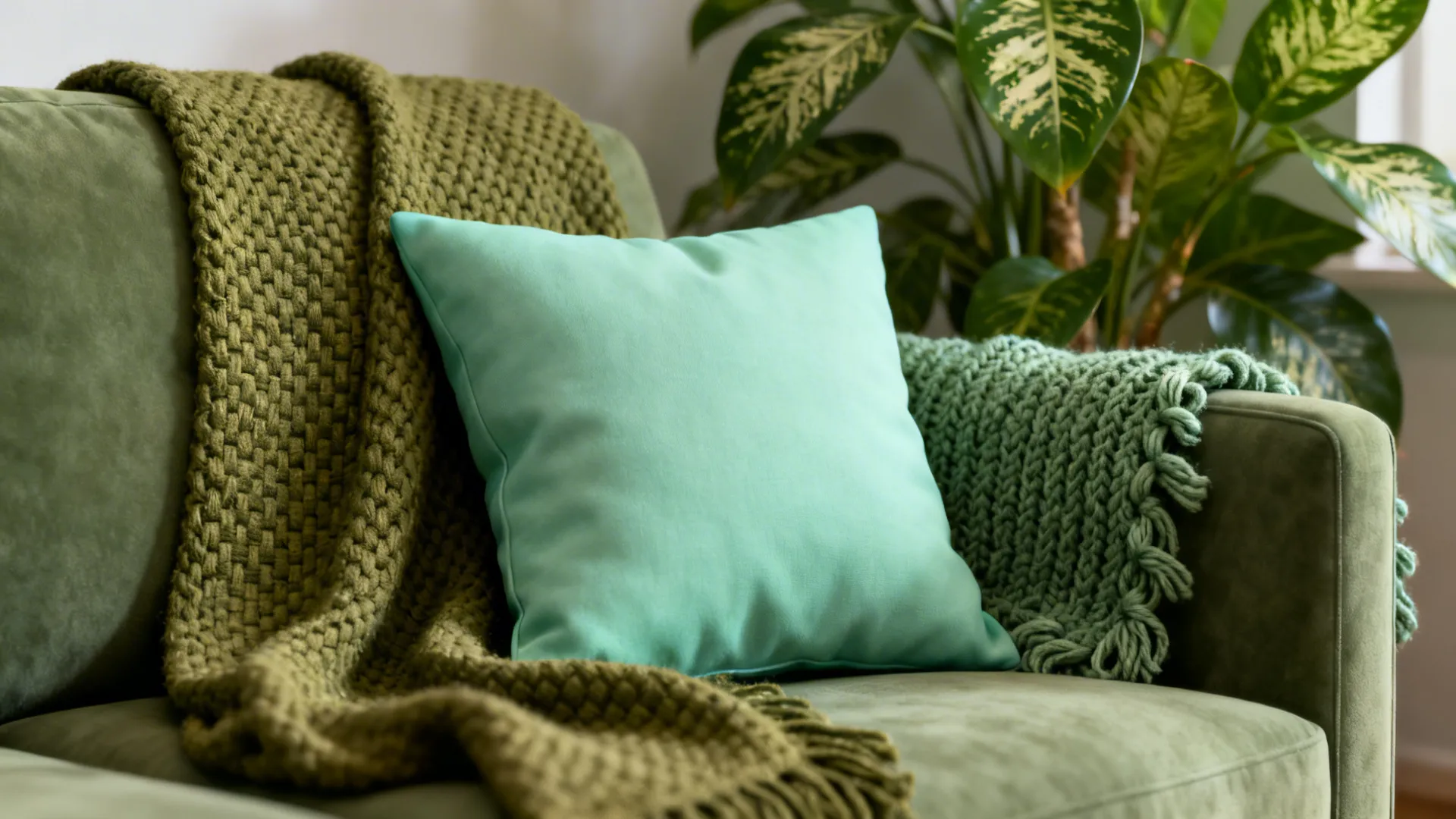 Close-up of layered green pillows and textures on a sage sofa with a plant backdrop.