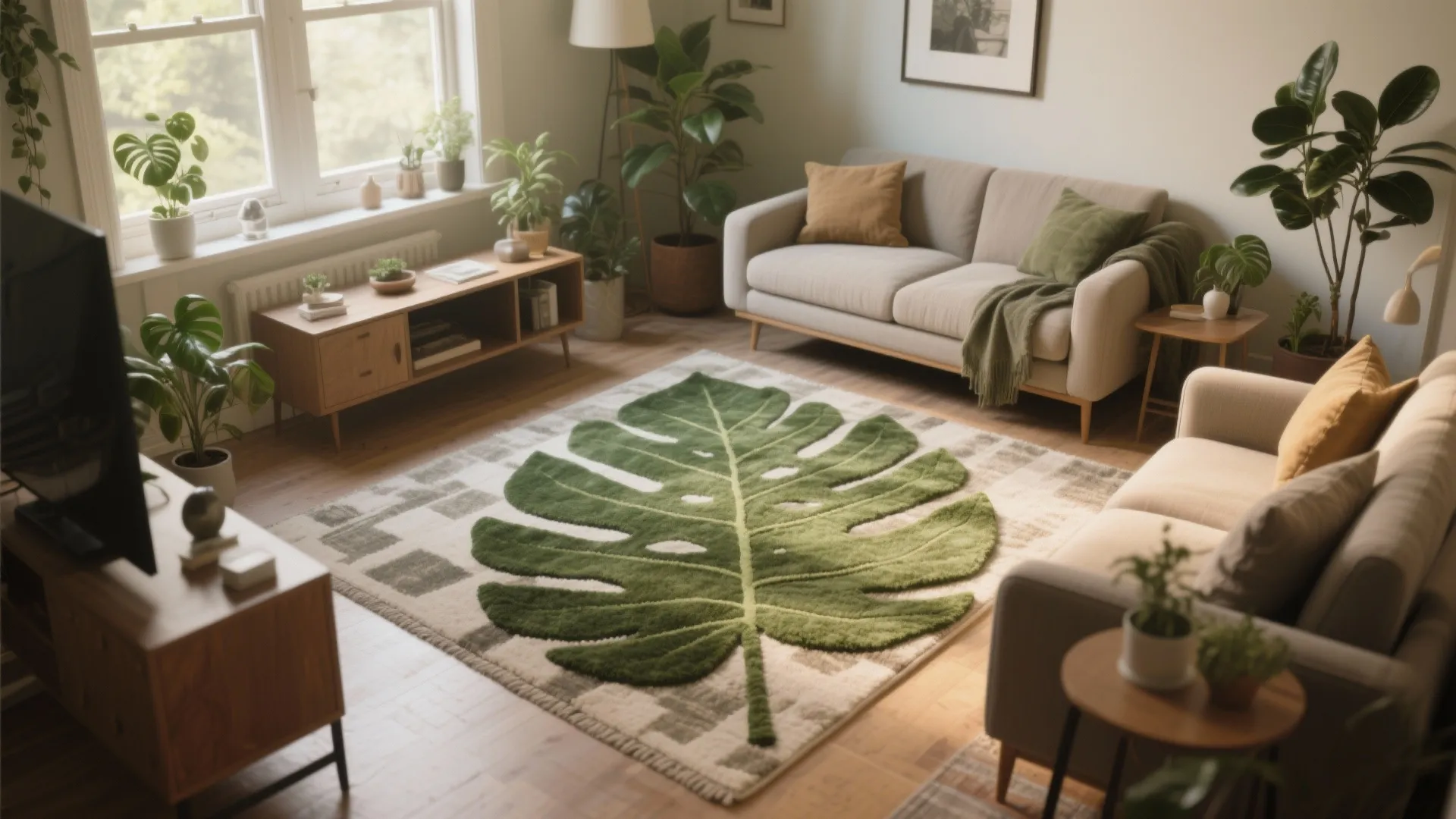 Cozy living room interior featuring two cream sofas and a large green leaf pattern rug