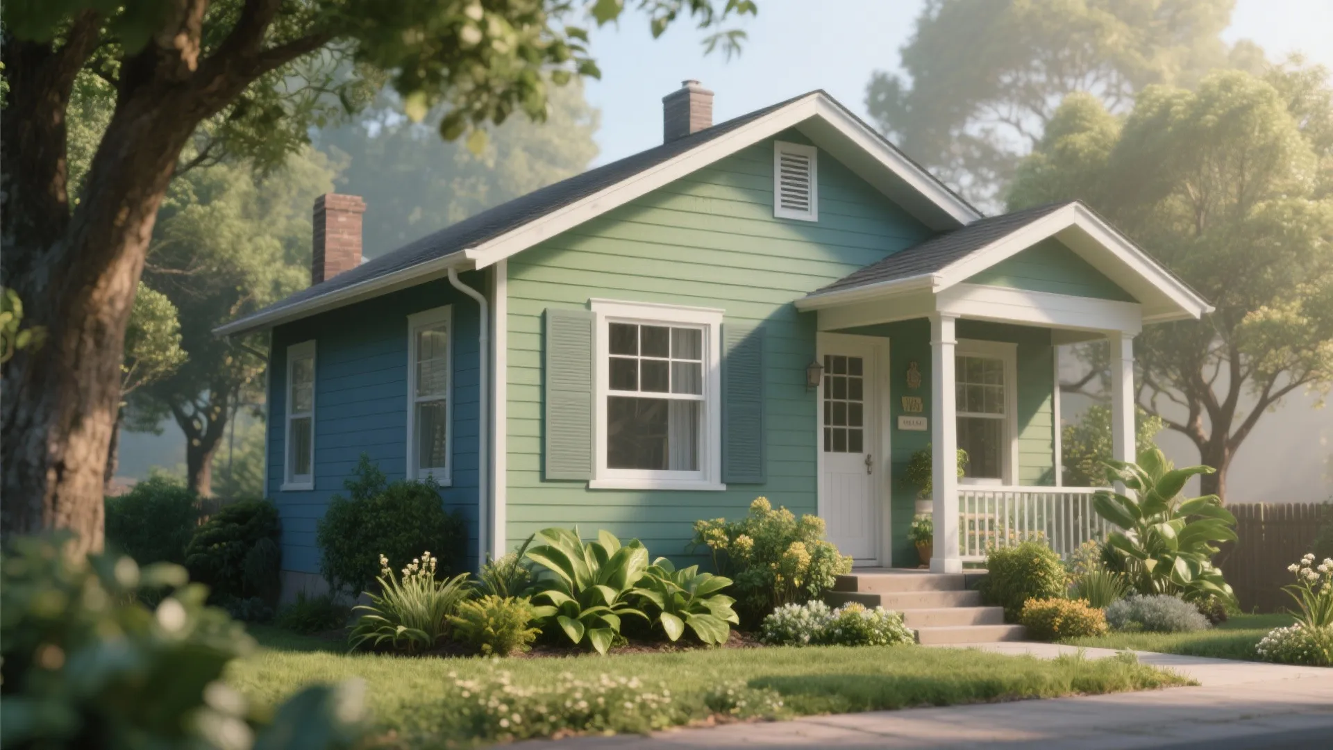 Small green house with white window trim and a front porch surrounded by green garden plants