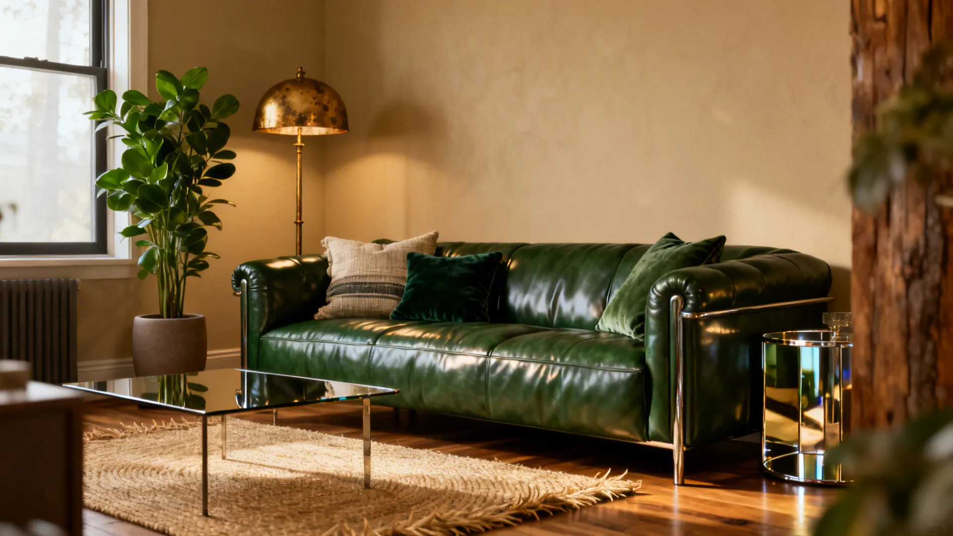 Green leather sofa with gold light fixture potted plant glass coffee table on woven rug