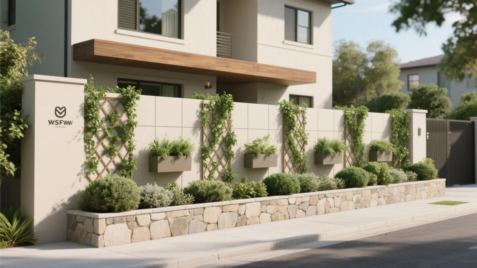 Modern house front wall with green plants hanging on wooden frames and stone flower beds