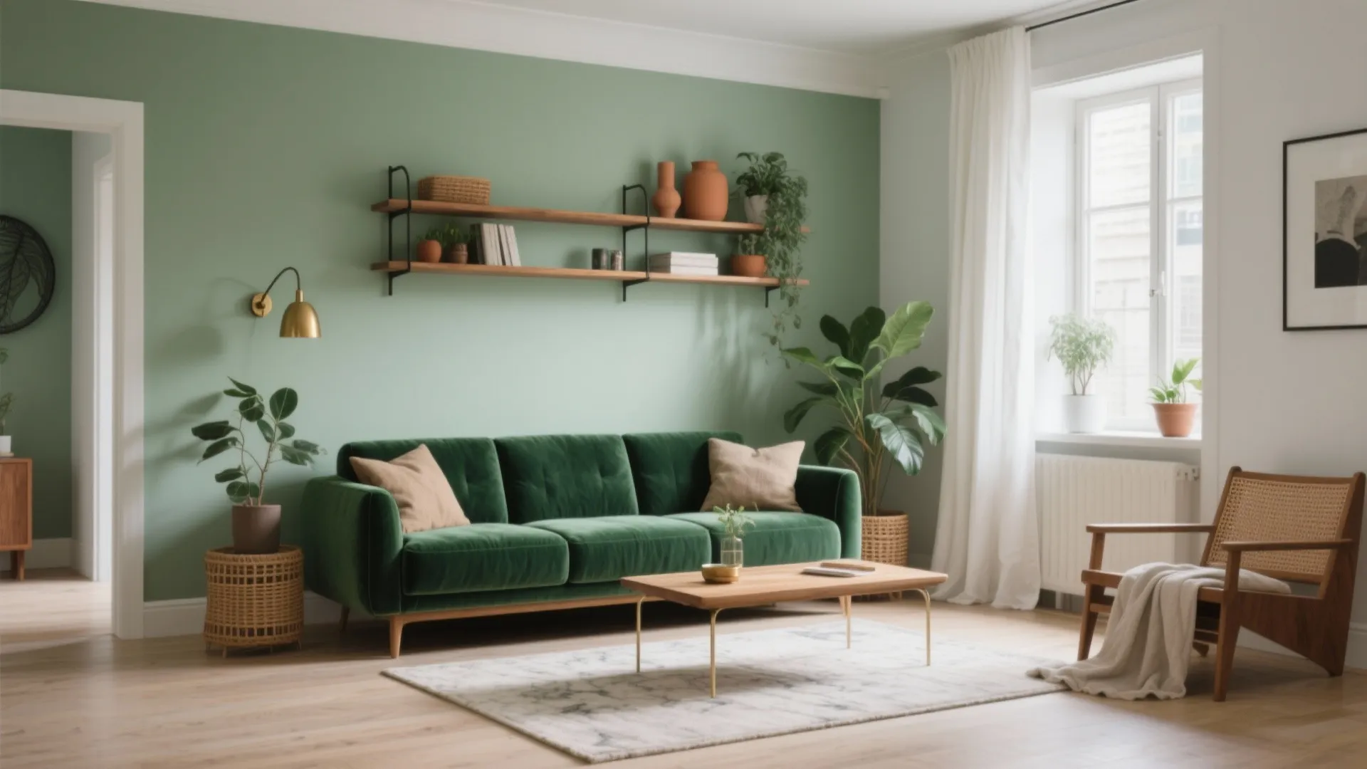 Modern green living room with velvet sofa wall light wooden shelves rug and white curtains