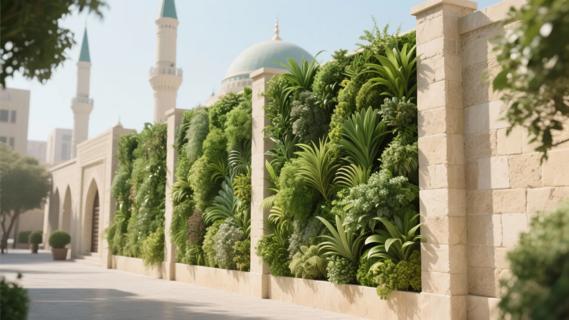 Vertical garden wall with lush green plants between stone pillars in an outdoor architectural setting