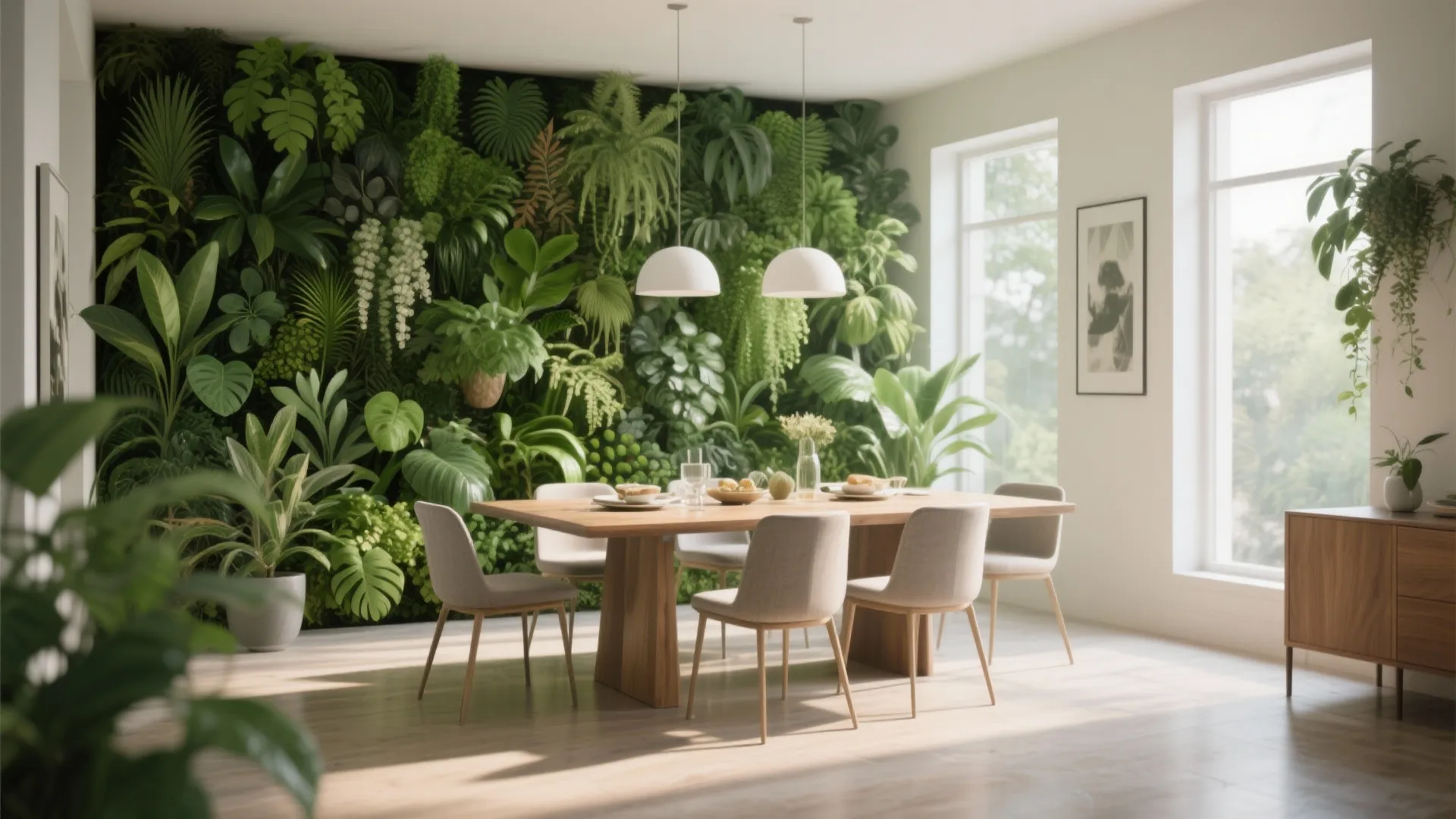 Bright dining area with vertical indoor plant wall, wooden table, two white ceiling lights, windows