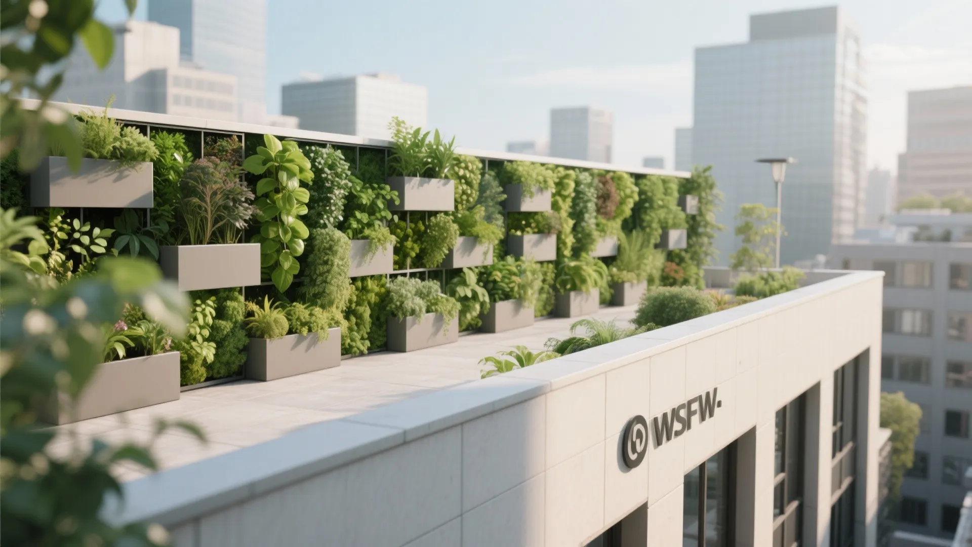 Rooftop garden terrace with a vertical green wall featuring many small plants in grey pots