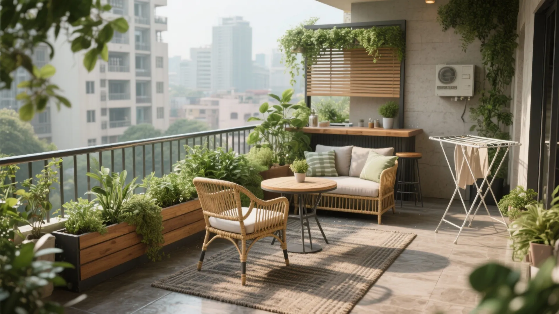 Balcony and utility terrace as an urban green lounge