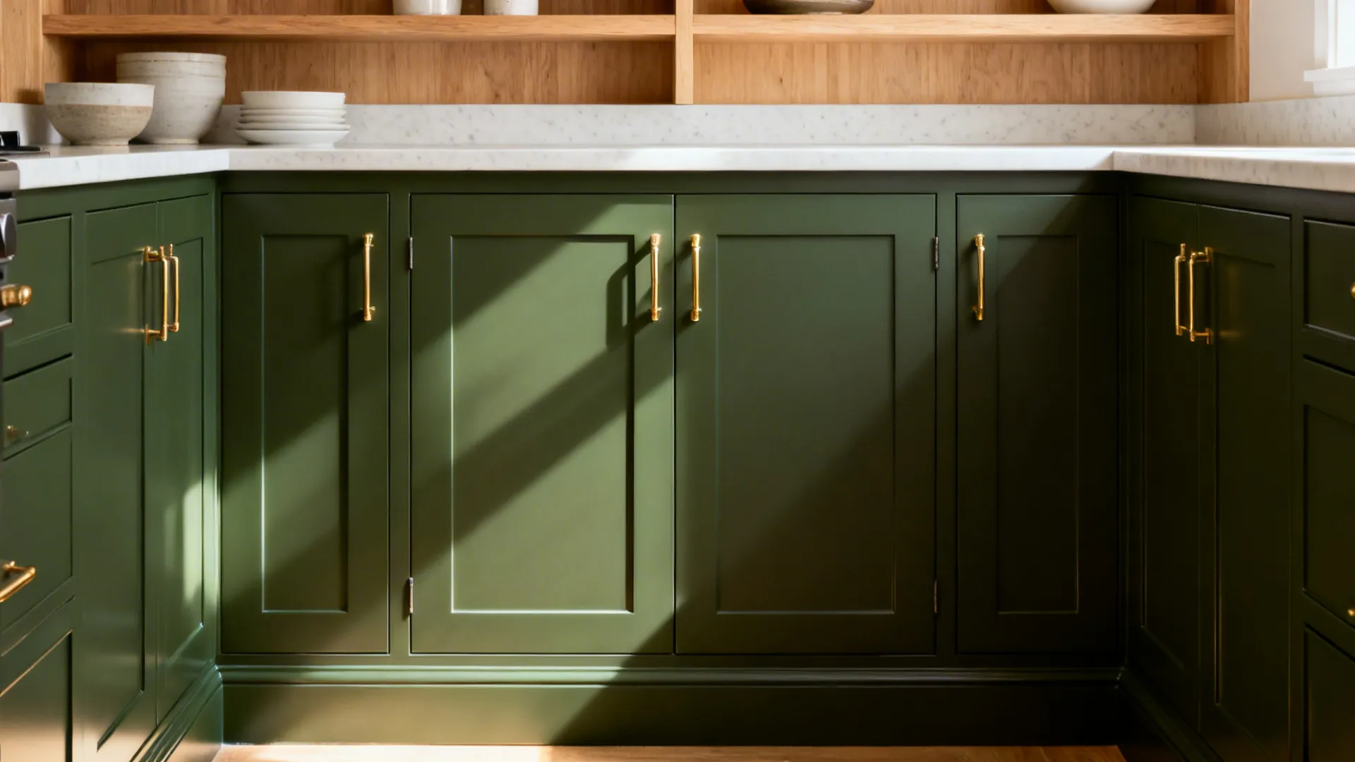 Kitchen with eucalyptus green base cabinets, brass hardware, and open wood shelves for a cozy look.
