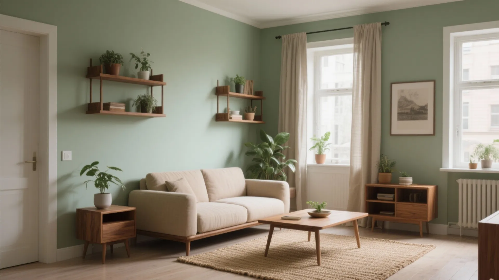 Modern green living room with beige sofa, wooden table, wall shelves, rug, and green plants