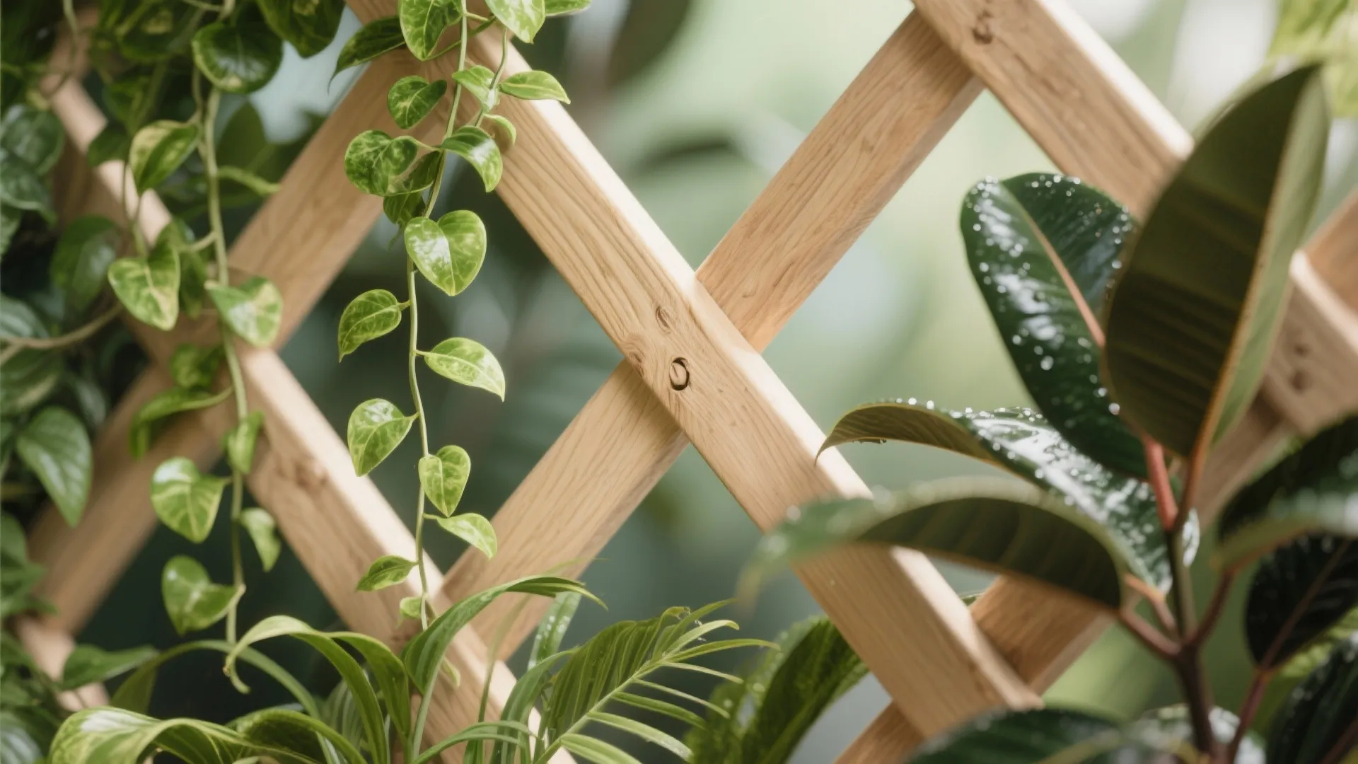 Close up of green plants climbing on a wooden fence with fresh leaves and natural light
