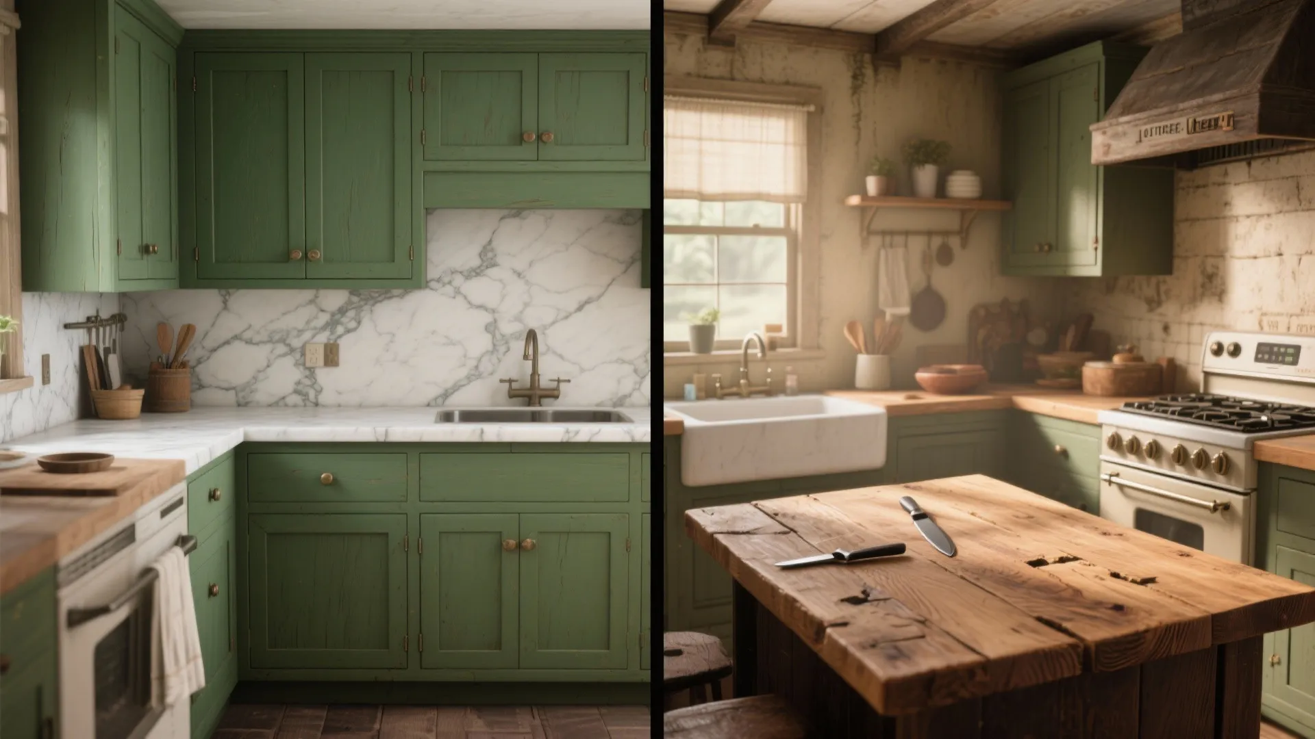 3. Green Cabinets with Marble or Butcher Block Countertops