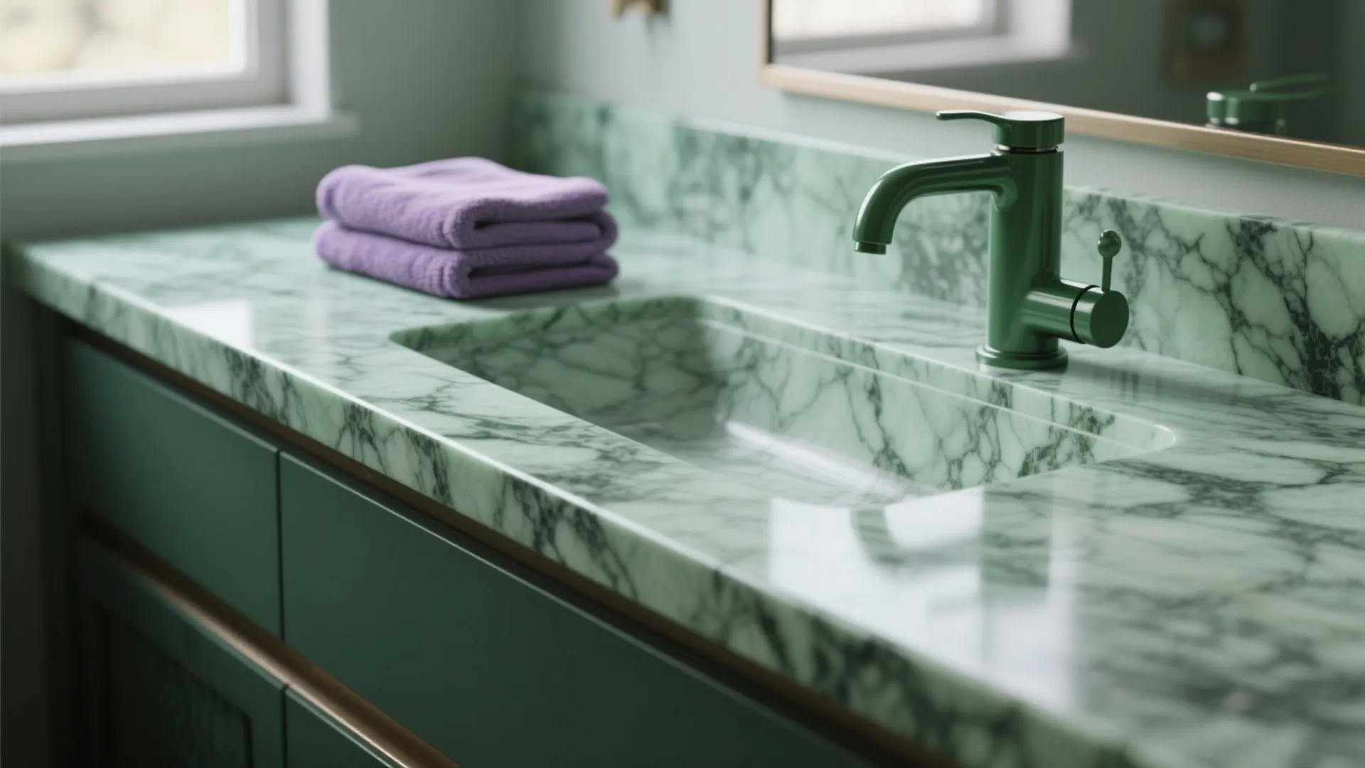 3. Green Marble Countertop and Purple Towels