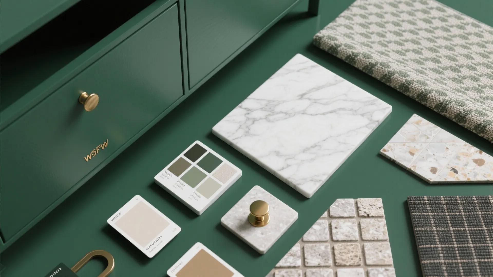 Interior design mood board with green cabinet white marble tiles fabric swatches and gold handle