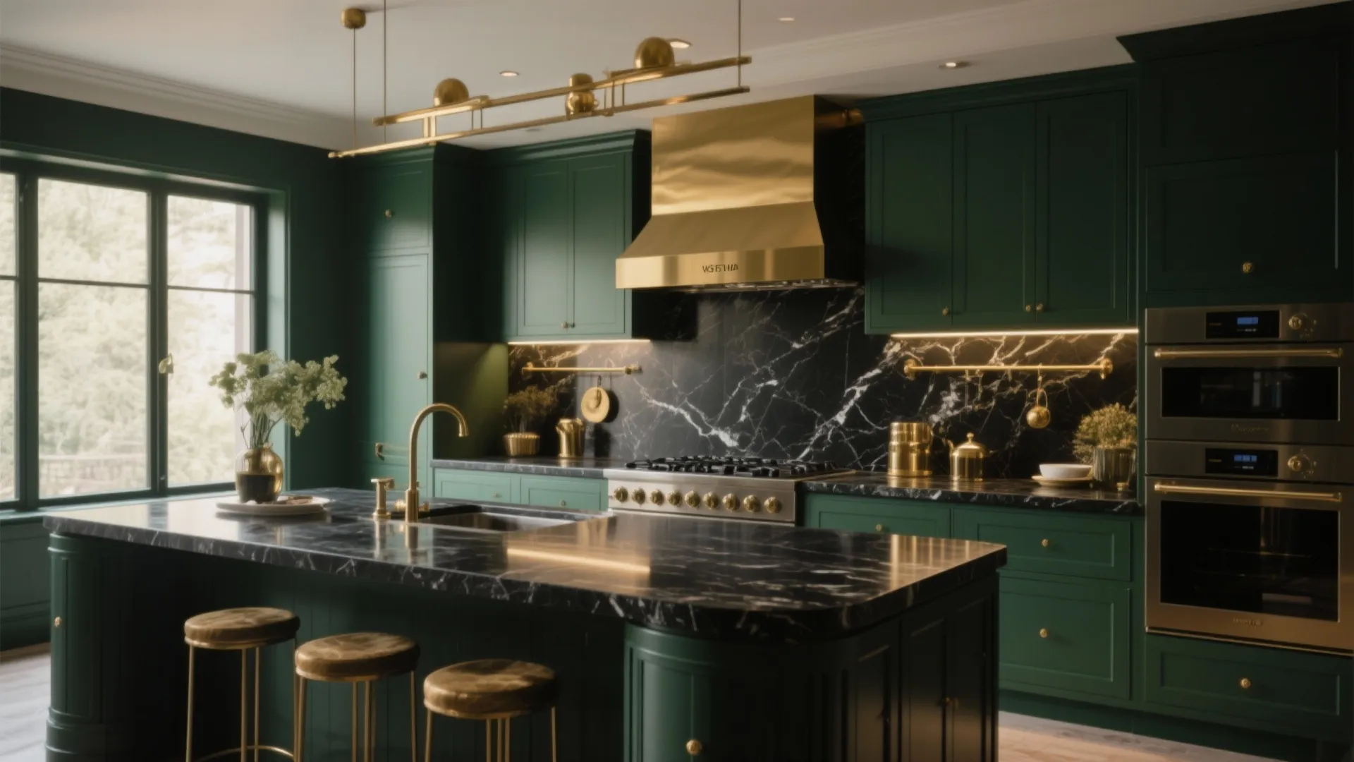 Luxury kitchen with green cabinets black marble counters gold light fixture and built in ovens design
