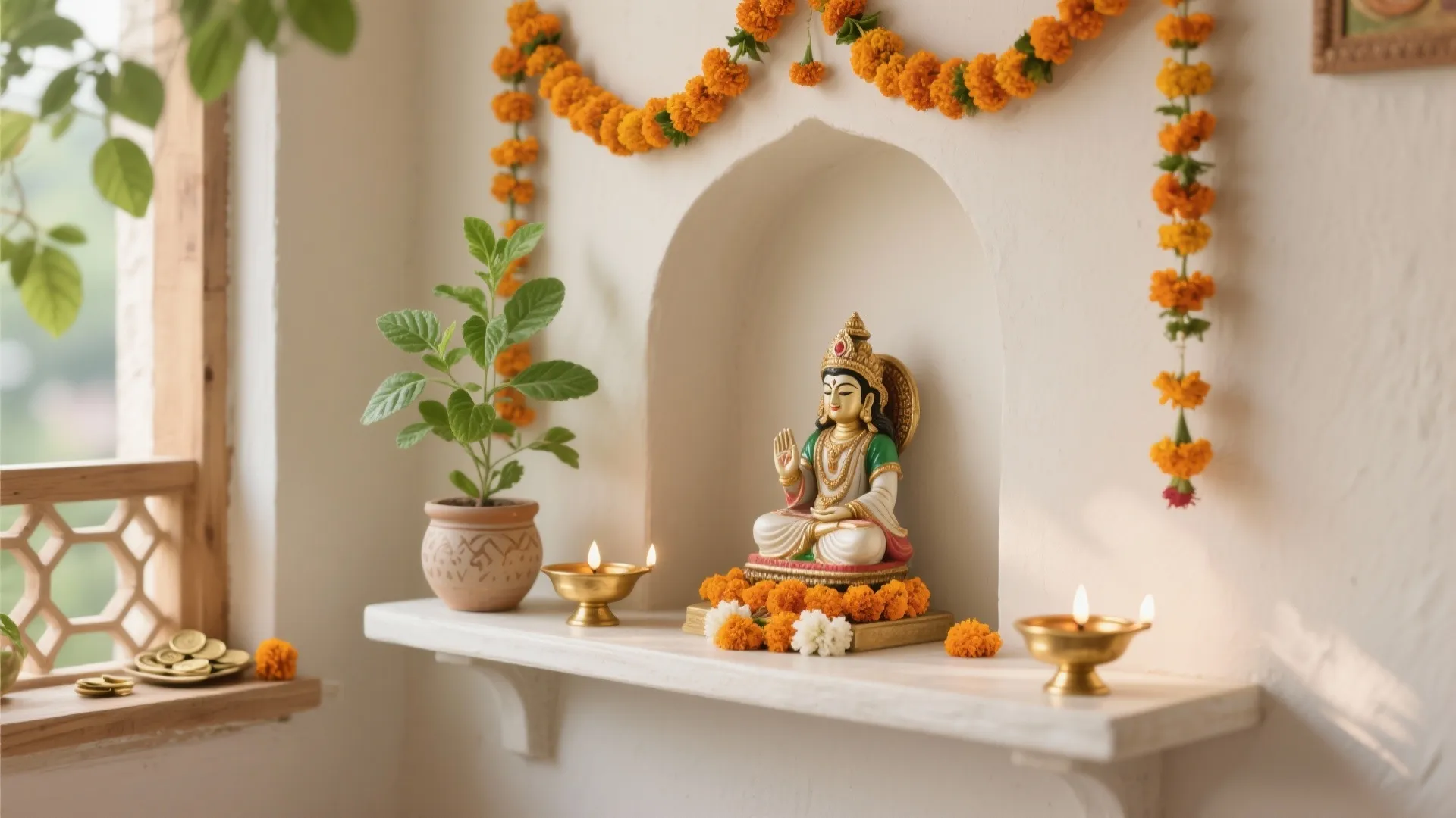 5) Green touches and mindful color: tulsi, marigold, and muted backdrops