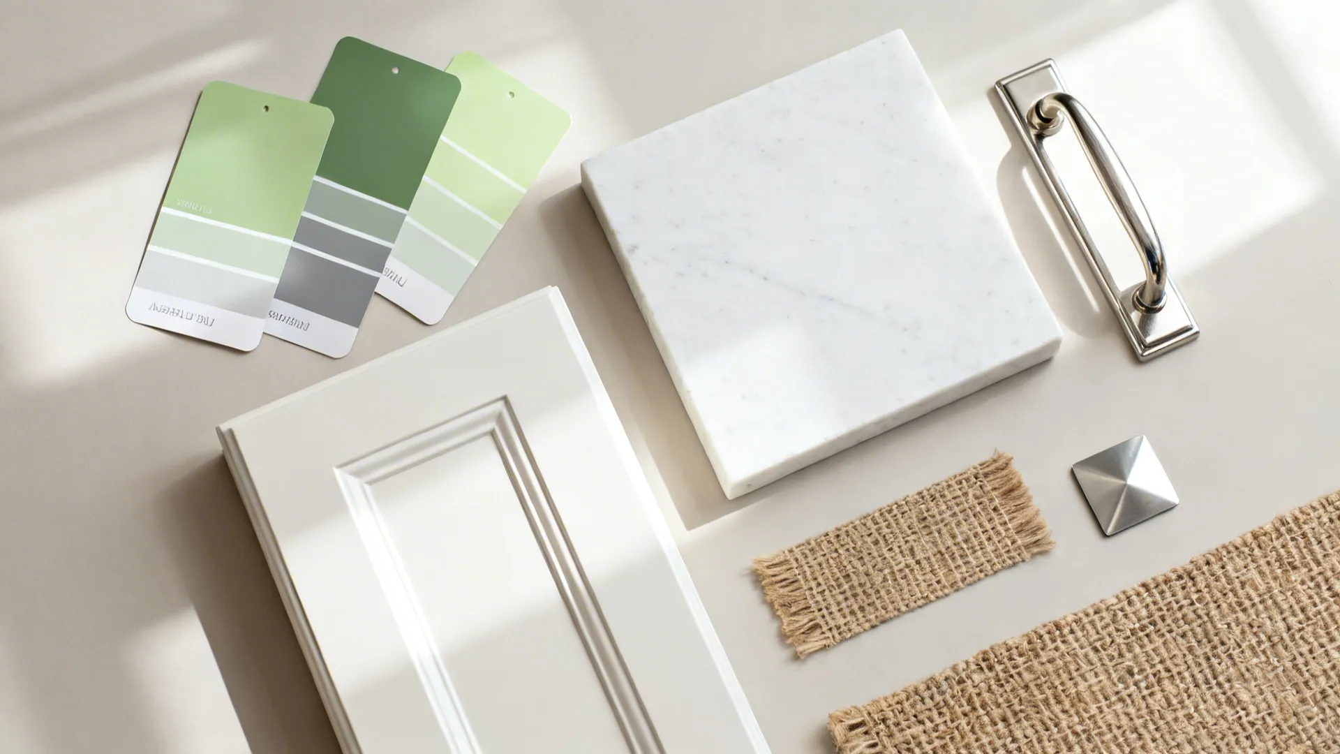 Top-down flat lay of sage paint, off-white sample, white quartz, jute, and brushed nickel hardware.