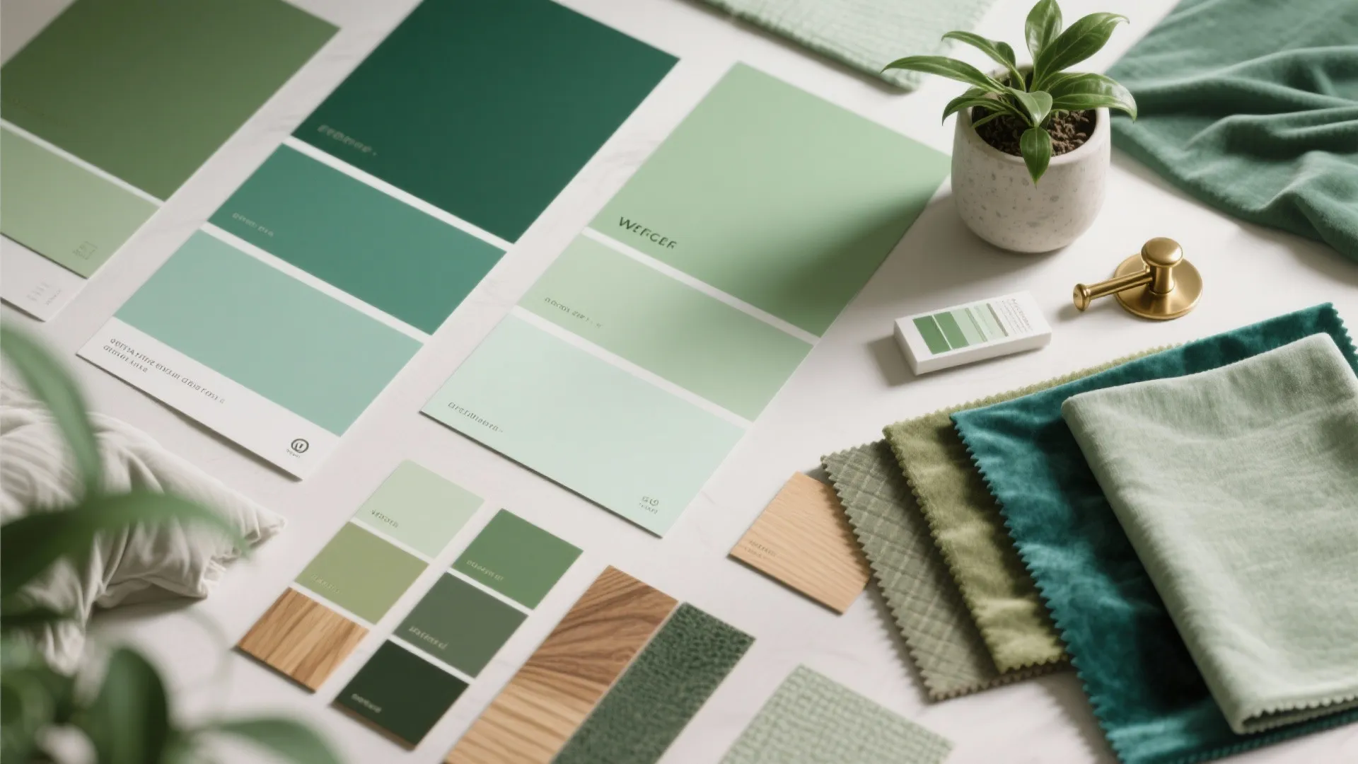 Green paint swatches fabric samples wood pieces and small potted plant on a white surface