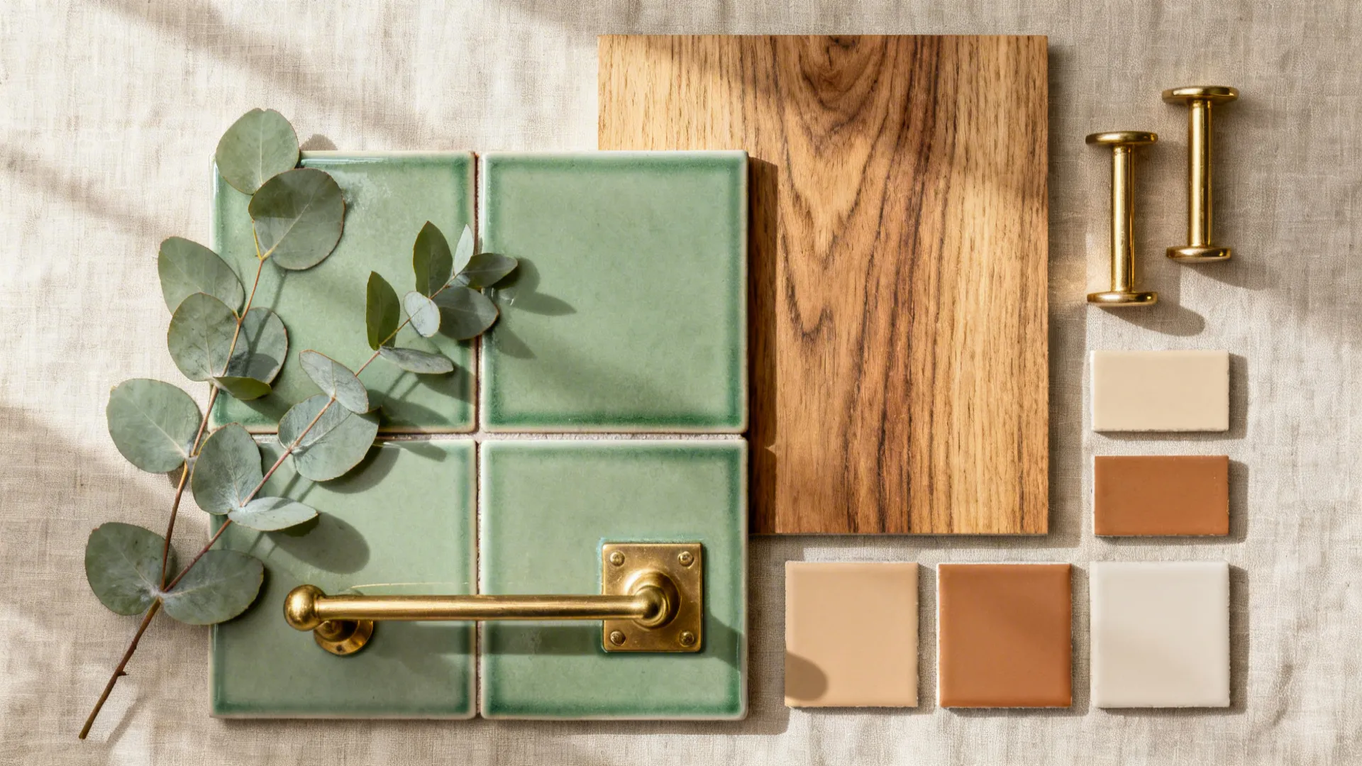 Flat lay of sage tiles, brass hardware, and an oak sample with warm grout chips.