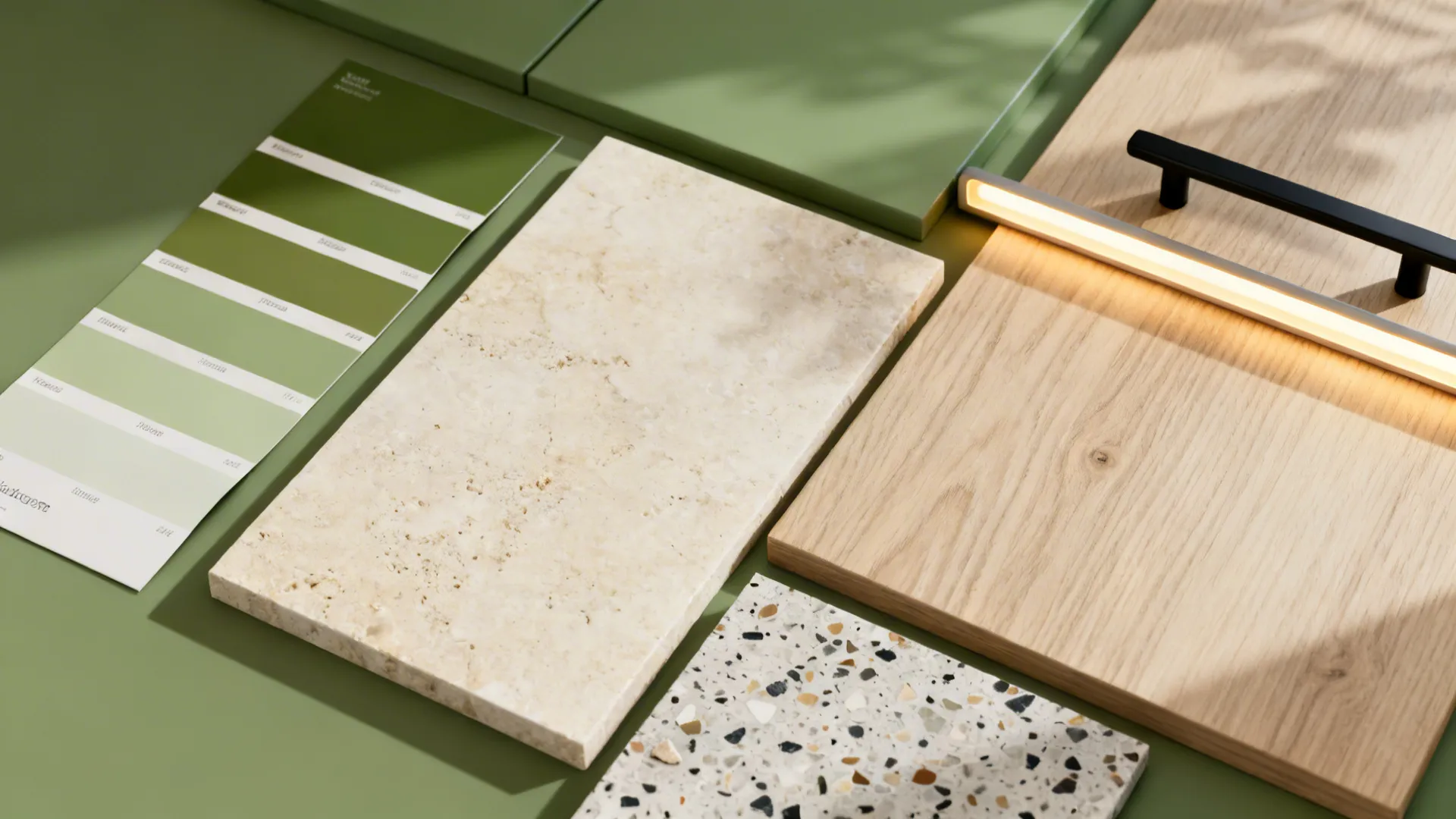 Flat-lay of sage and olive swatches with travertine, oak veneer, terrazzo, and matte black hardware.