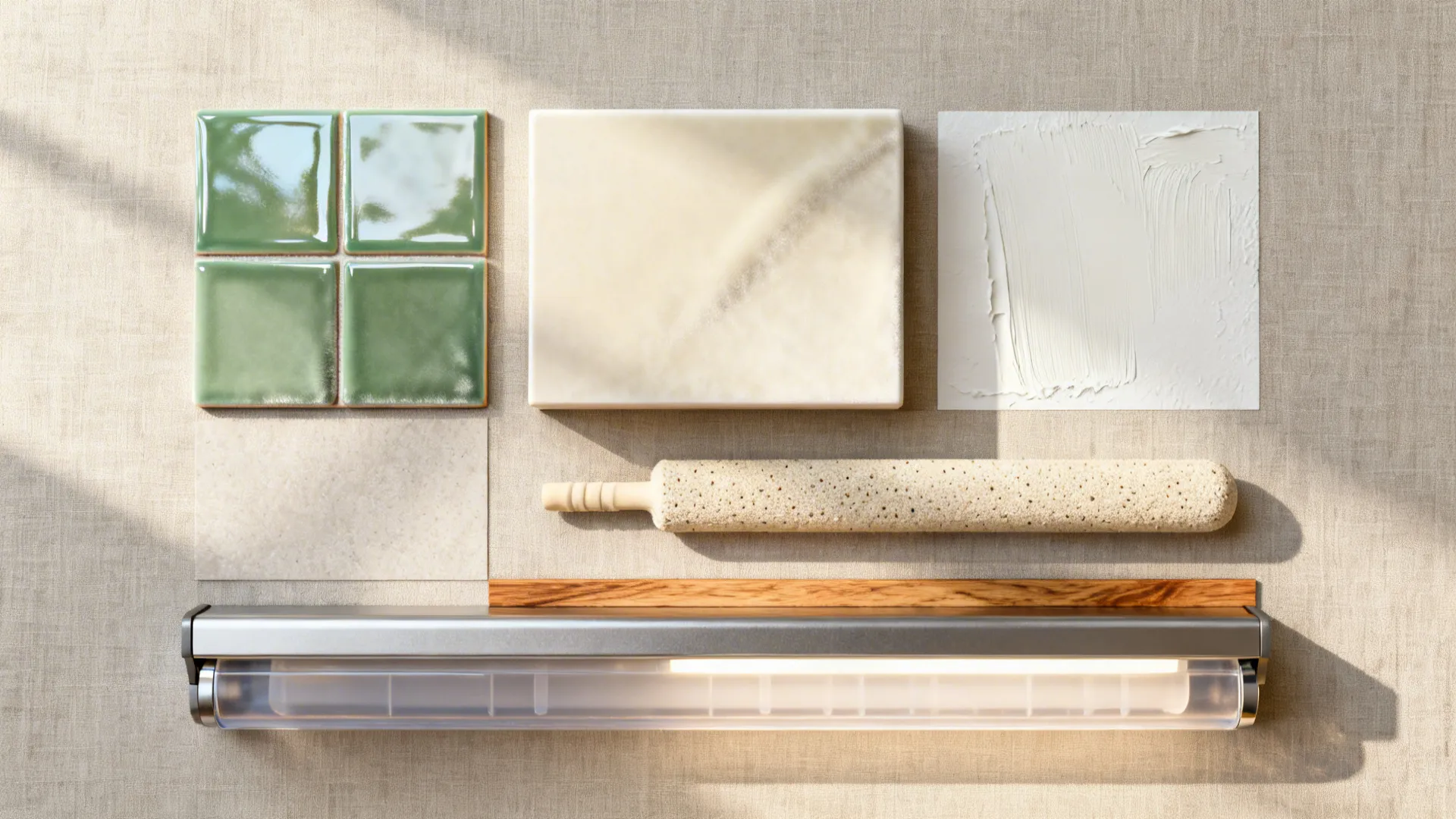 Flatlay with sage-green tile, cream countertop, off-white paint, beige grout, and wood trim samples.