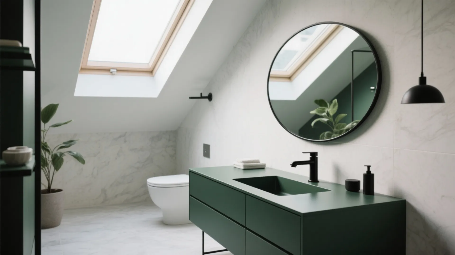 Modern bathroom featuring green cabinet black faucet round mirror sloped roof window and white marble