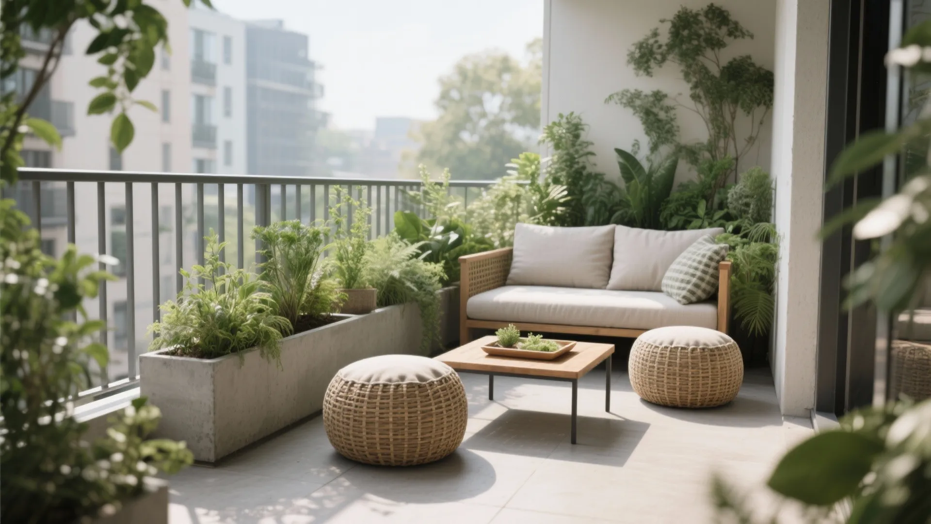Green micro-lounge with rail planters and poufs