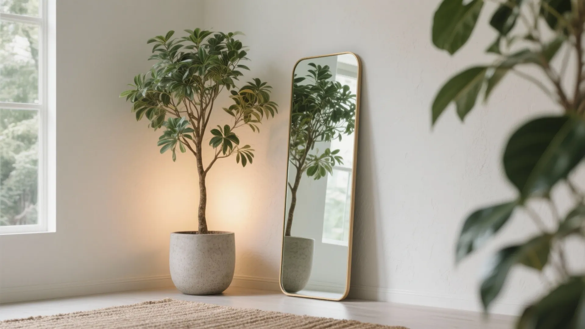 Tall floor mirror leaning against a white wall next to a large green potted plant